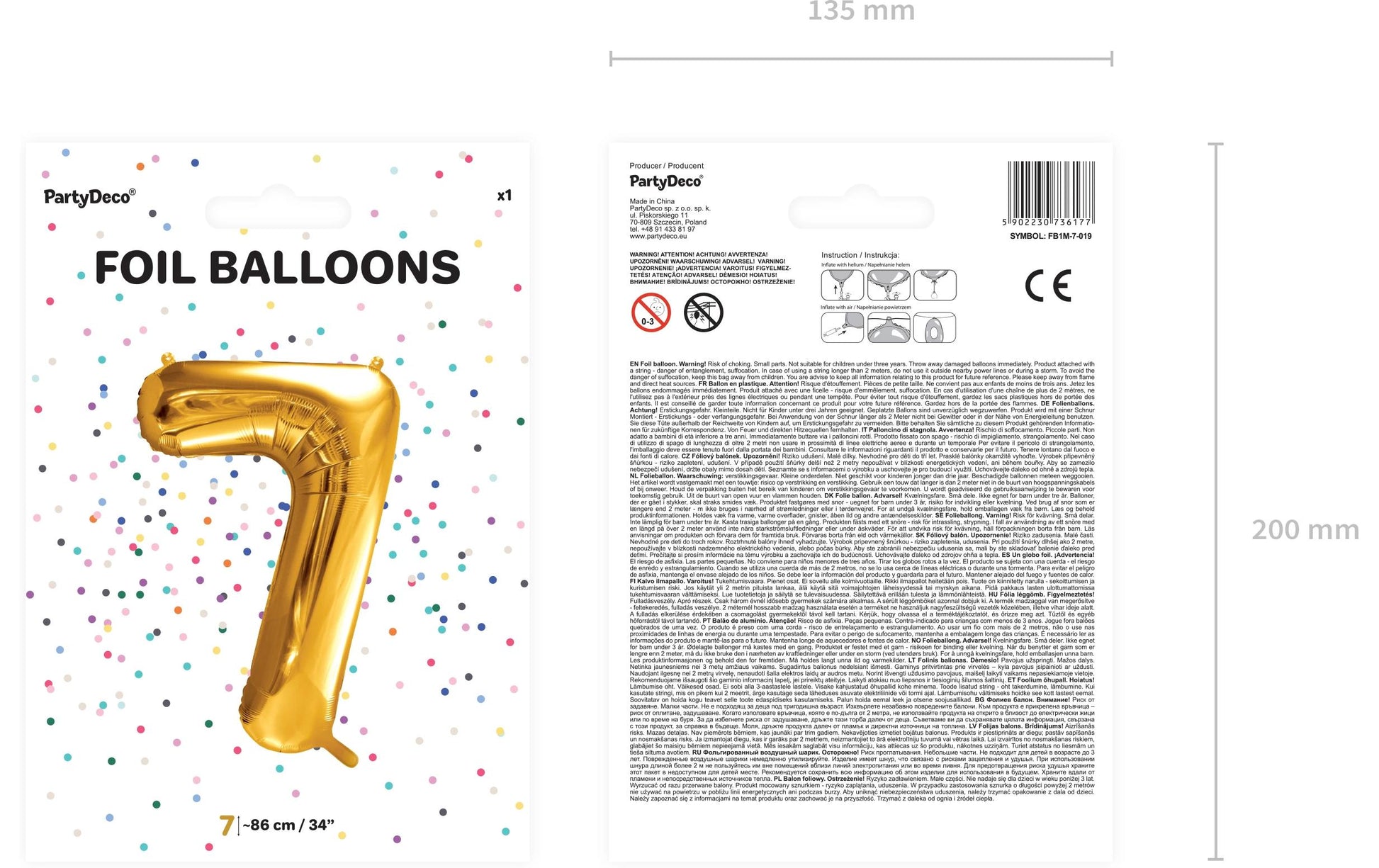 PartyDeco Folienballon Zahl 7 – Gold – 86 cm – Folie – 1 Stück