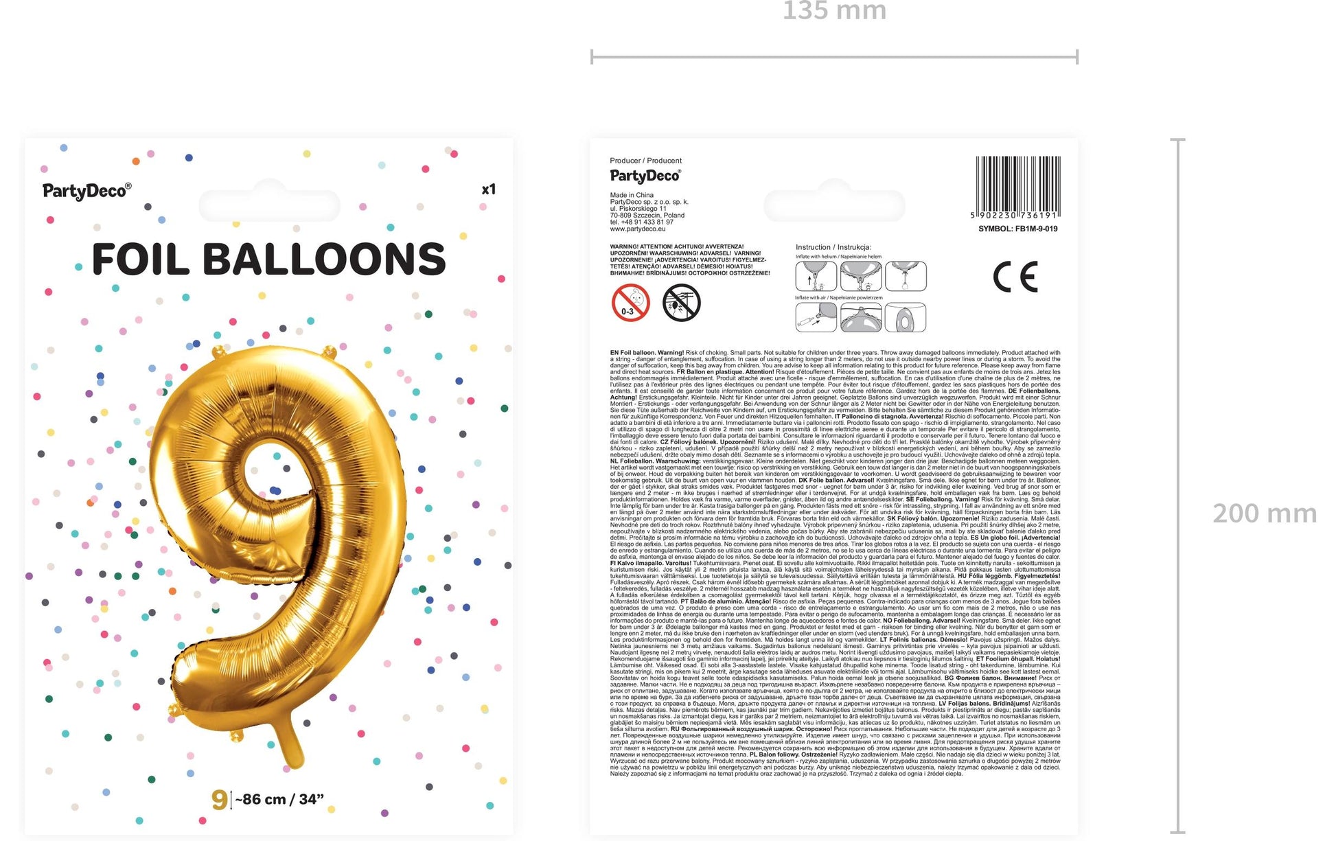 PartyDeco Folienballon Zahl 9 – 86 cm – Gold – 1 Stück