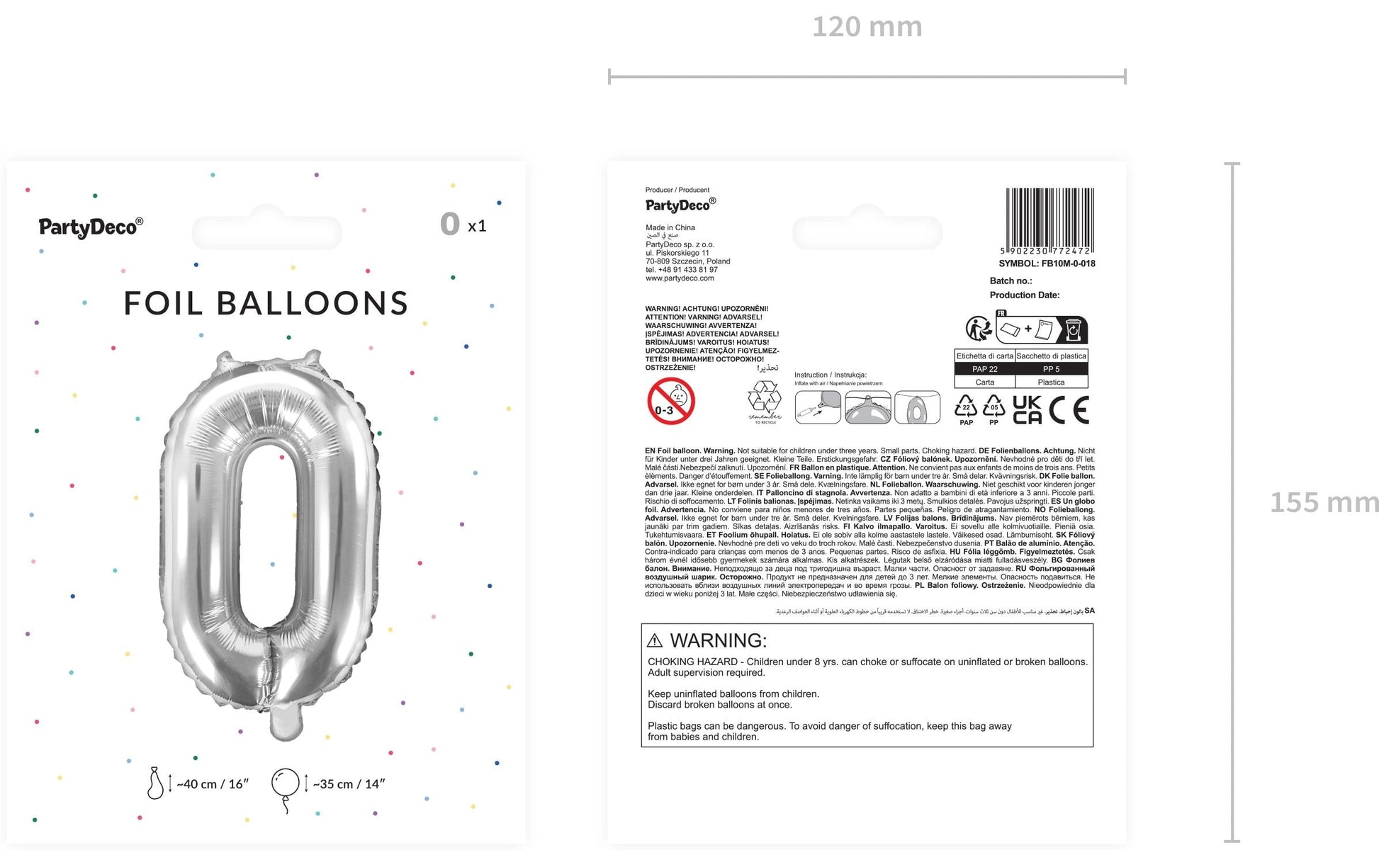 PartyDeco Folienballon Zahl 0 – Silber – 35 cm – 1 Stk