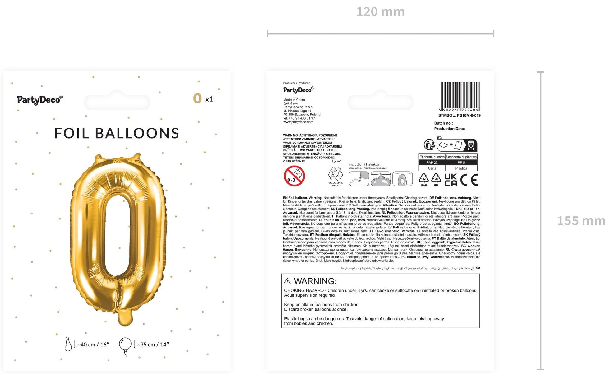 PartyDeco Folienballon Zahl 0 – Gold – 35 cm – Folie – 1 Stk