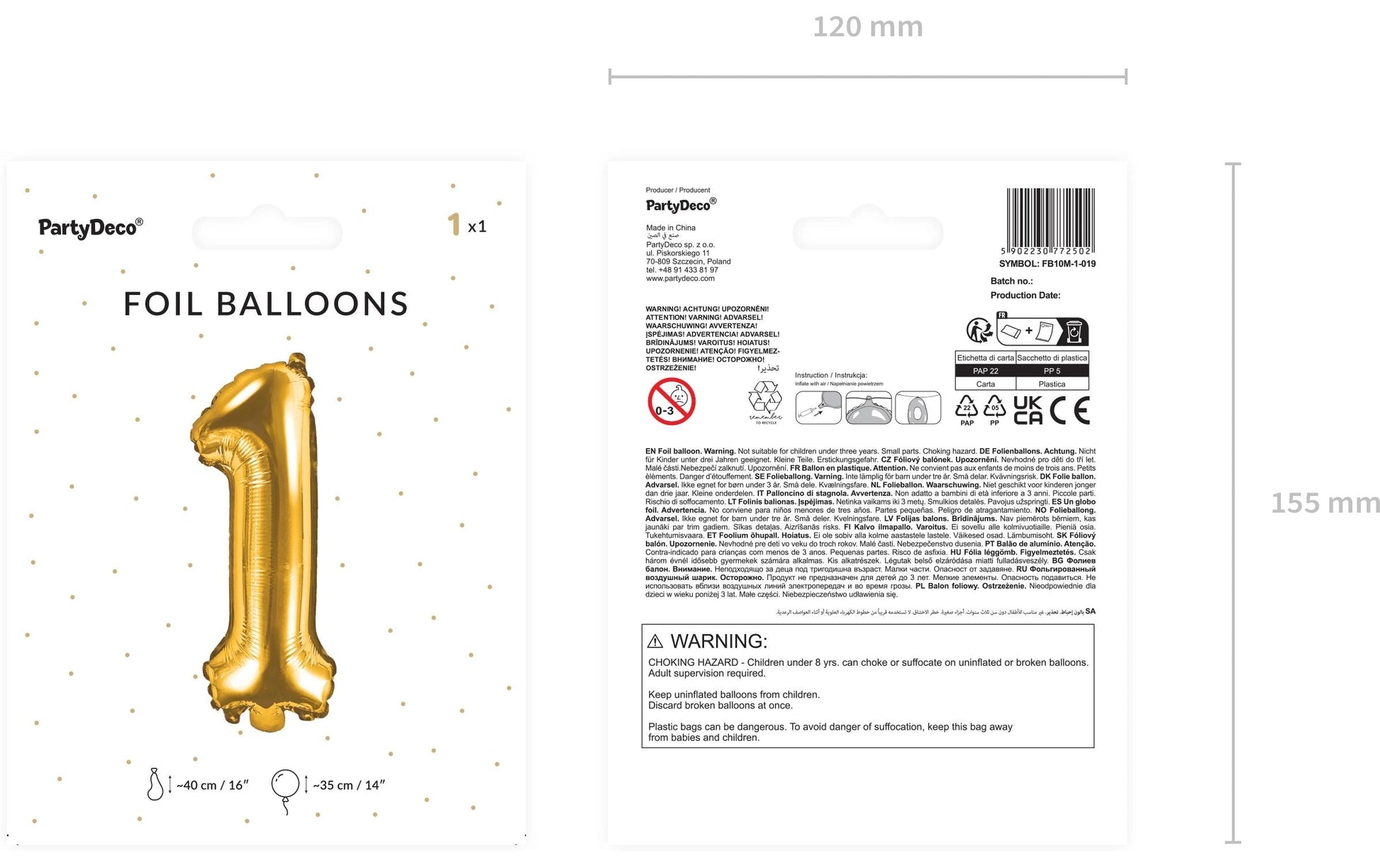 PartyDeco Folienballon Zahl 1 – Gold – 35 cm – Folie – 1 Stk