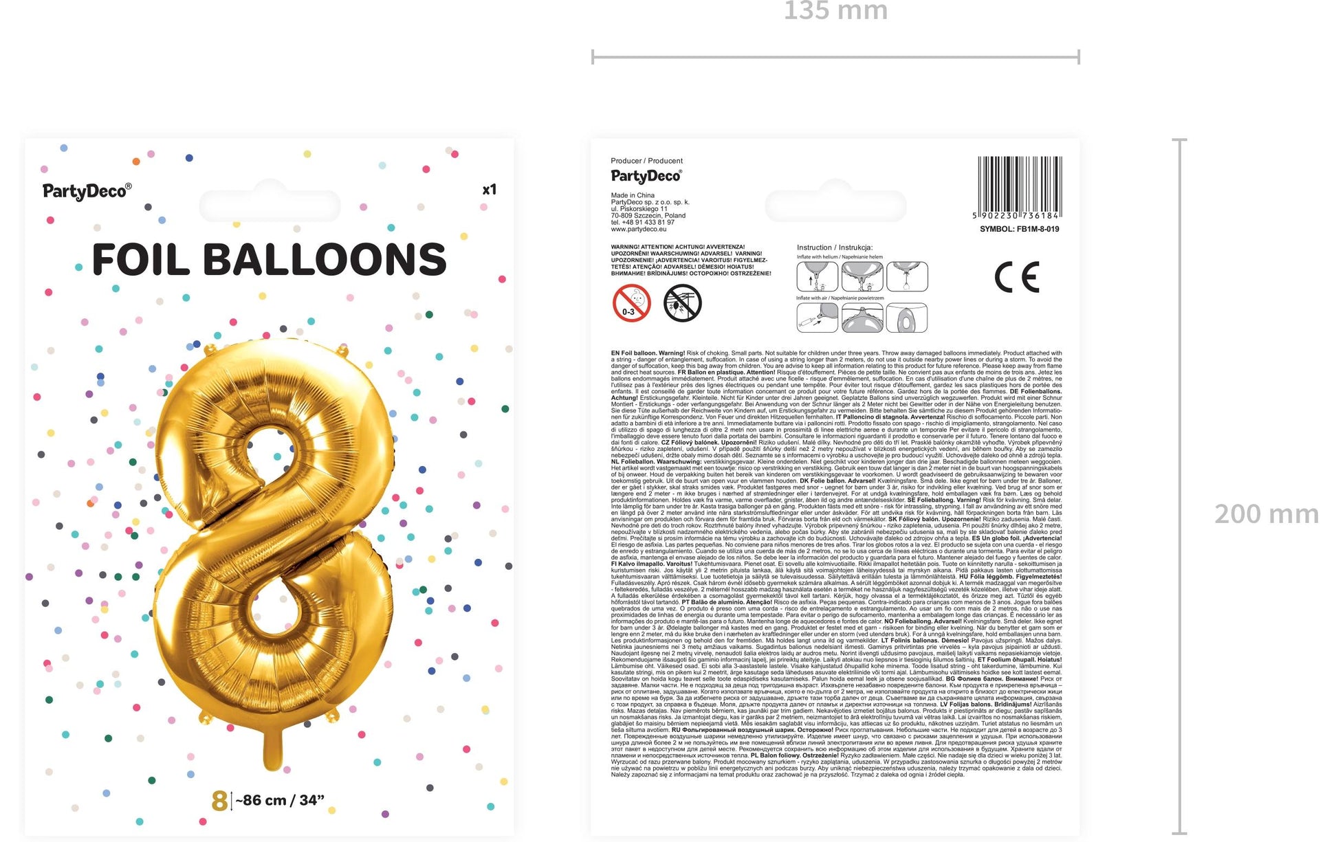 PartyDeco Folienballon Zahl 8 – Gold – 86 cm – 1 Stk