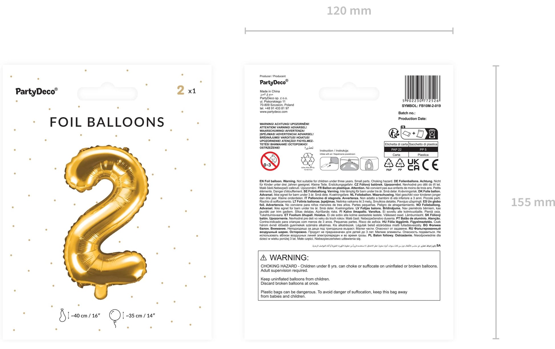 PartyDeco Folienballon Zahl 2 – Gold – 35 cm – Folie – 1 Stk