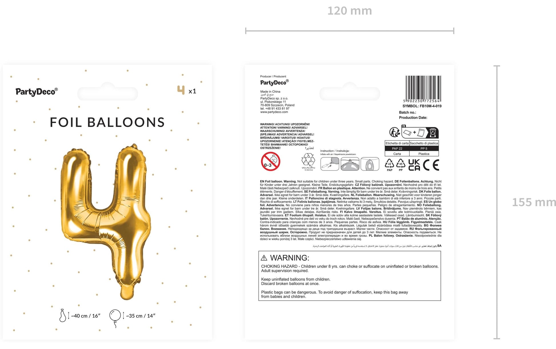 PartyDeco Folienballon Zahl 4 – Gold – 35 cm – Folie – 1 Stk