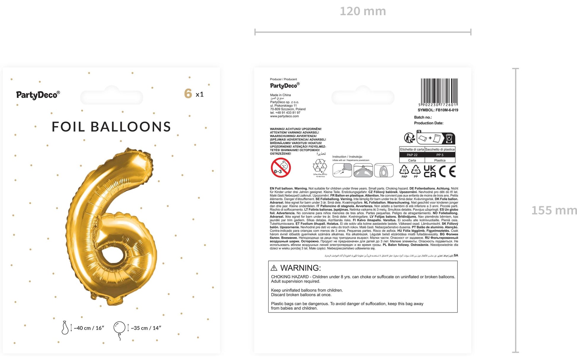 PartyDeco Folienballon Zahl 6 – Gold – 35 cm – Folie – 1 Stk