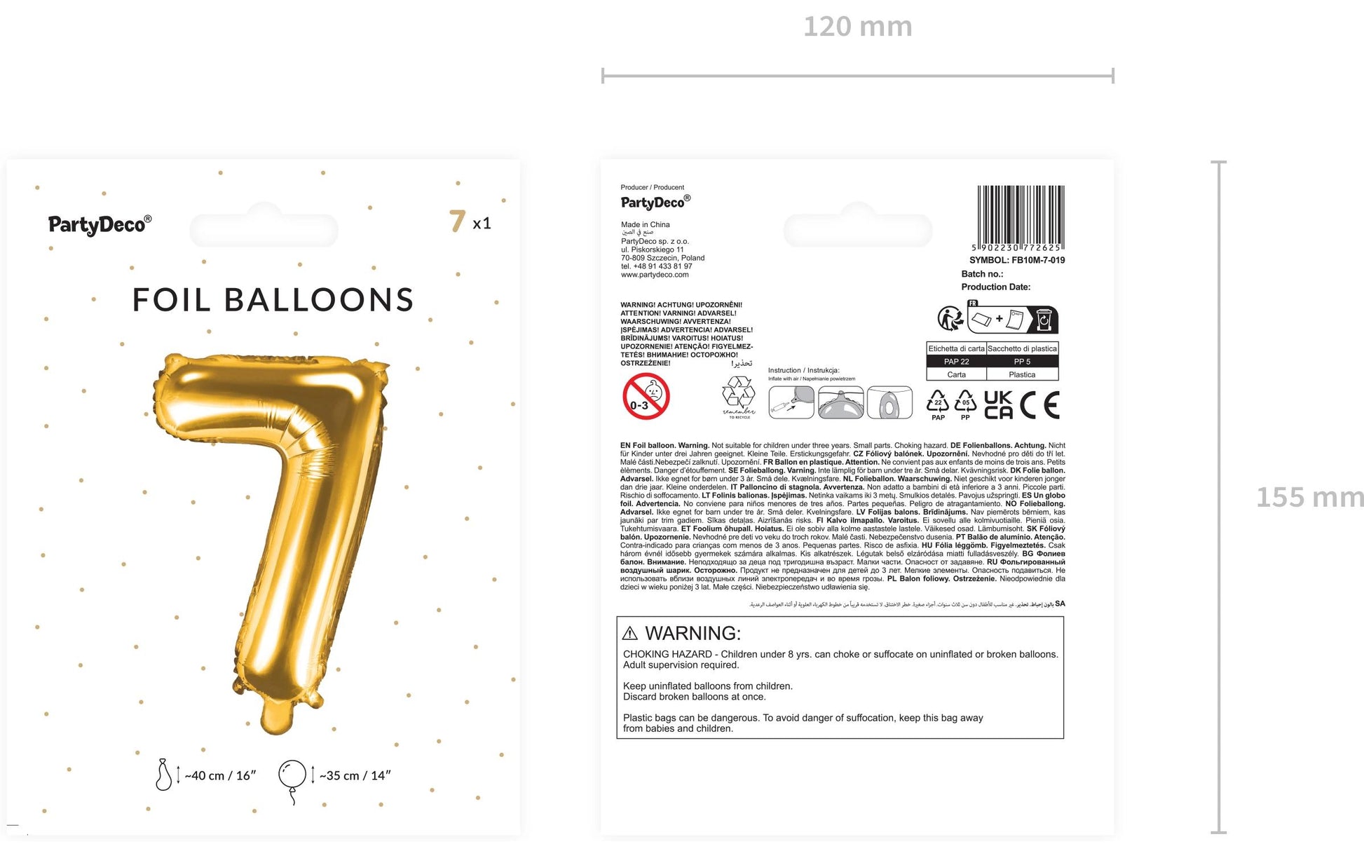 PartyDeco Folienballon Zahl 7 – Gold – 35 cm – Folie – 1 Stück – mit Helium befüllbar