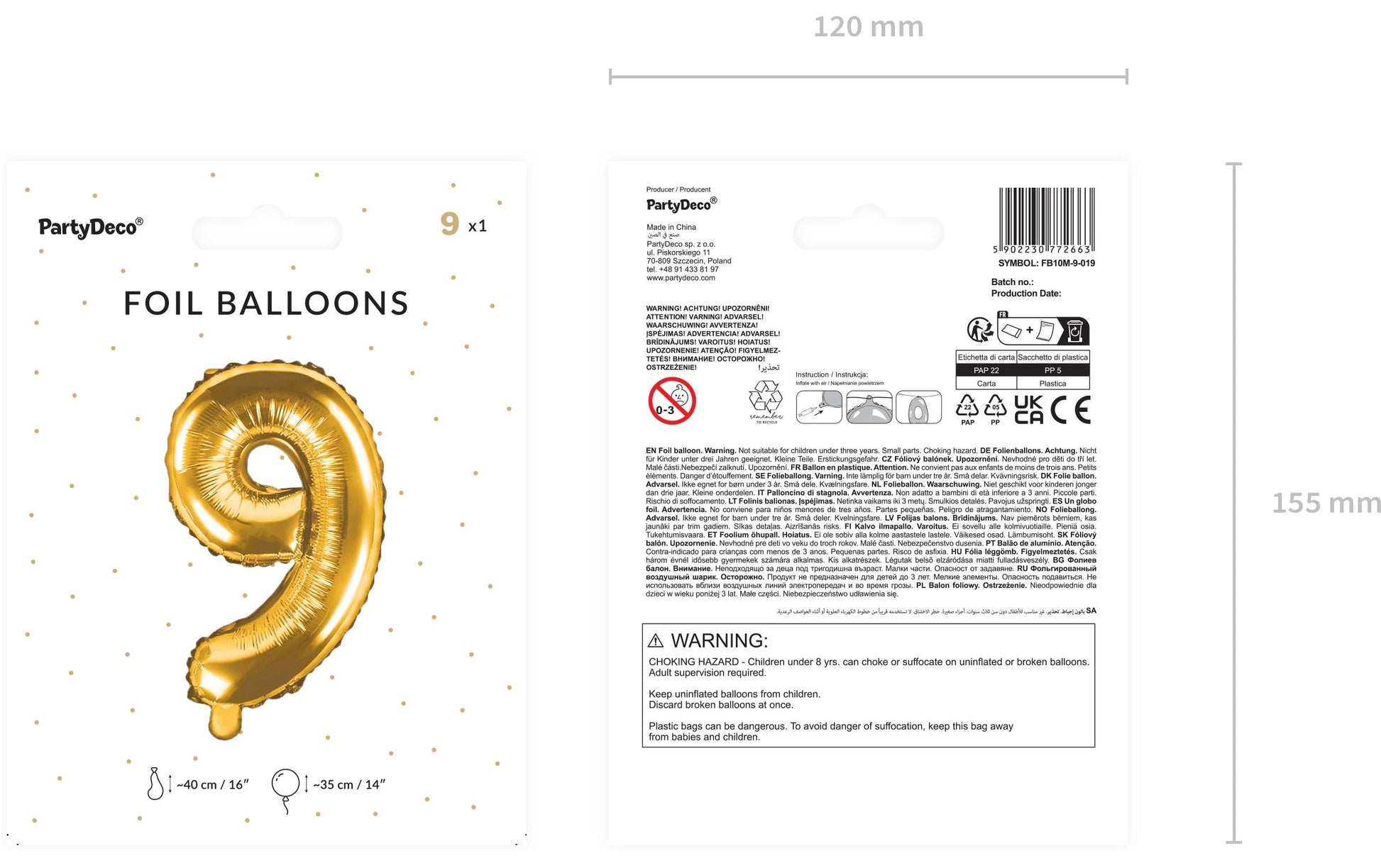 PartyDeco Folienballon Zahl 9 – Gold – 35 cm – Folie – 1 Stk