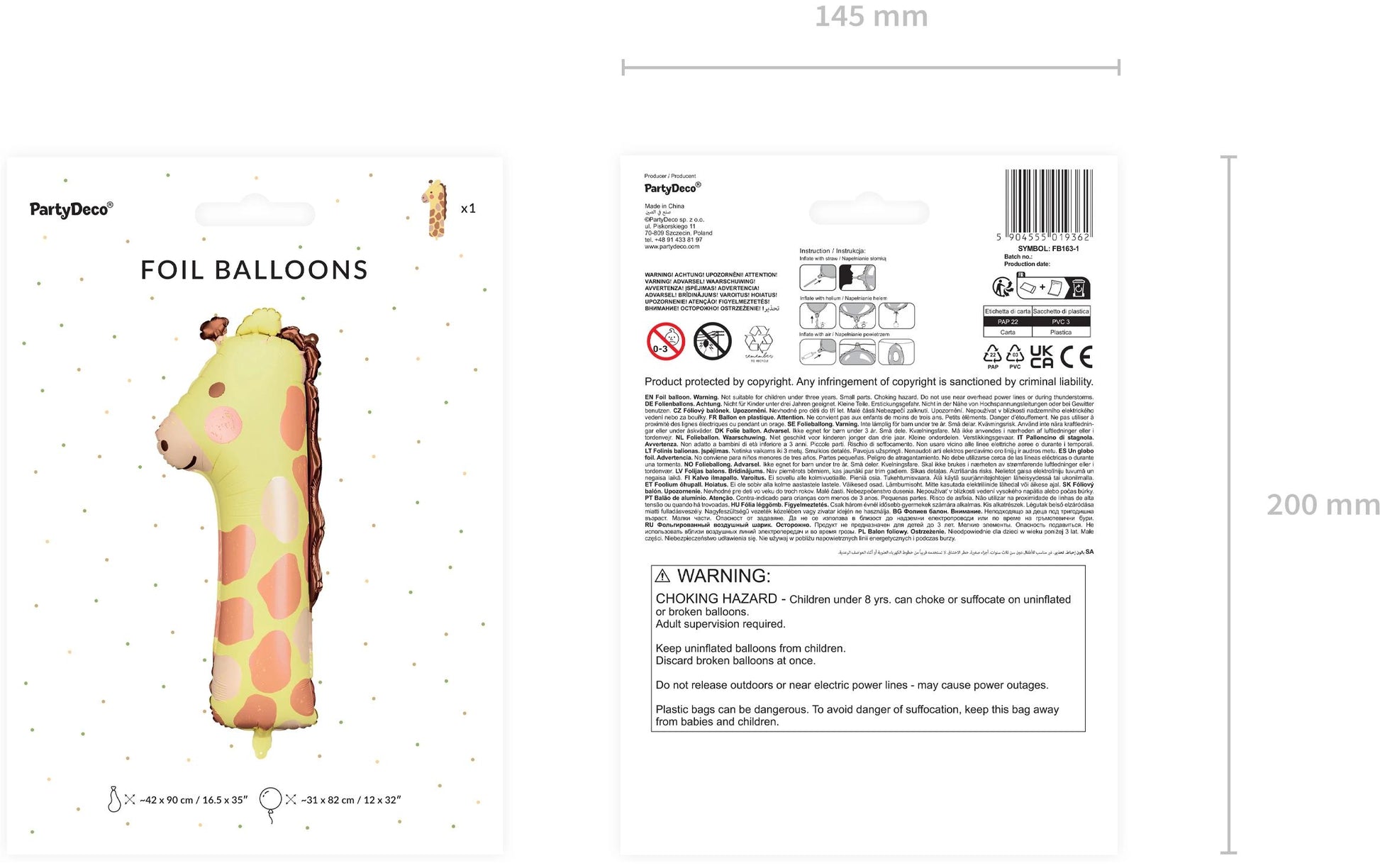 PartyDeco Folienballon – 42 × 90 cm – Folie, mehrfarbig
