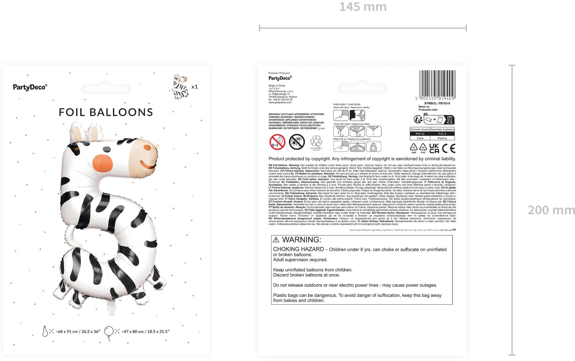 PartyDeco Folienballon Zahl 5 Zebra – mehrfarbig – 68 × 98 cm – 1 Stk