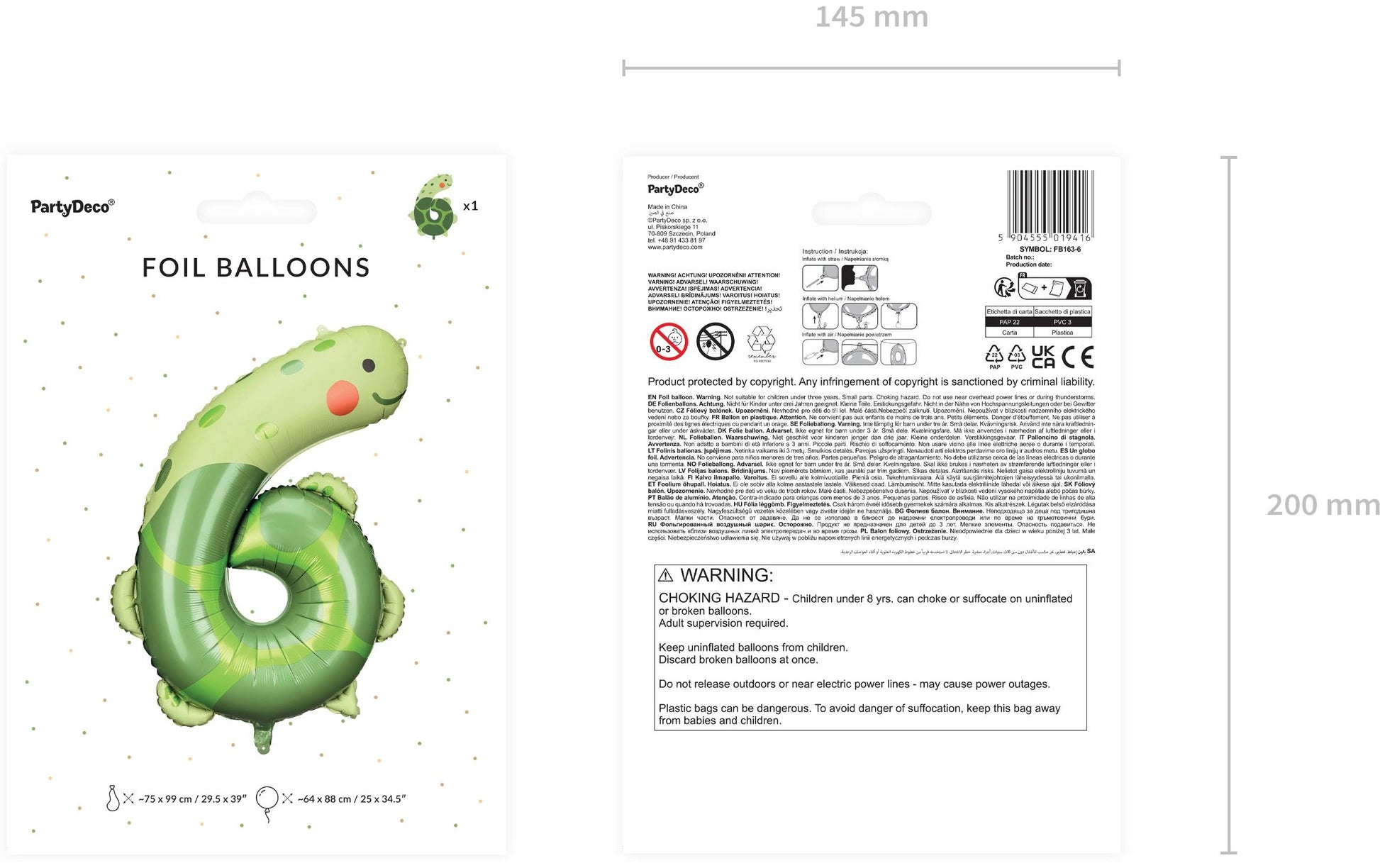 PartyDeco Folienballon Zahl 6 Schildkröte – Grün – 75 × 96 cm – Folie – 1 Stk