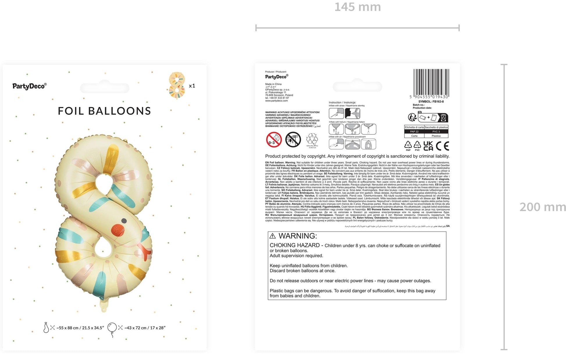 PartyDeco Folienballon – Zahl 8 (Schlange) – 55 × 88 cm – Folie, mehrfarbig