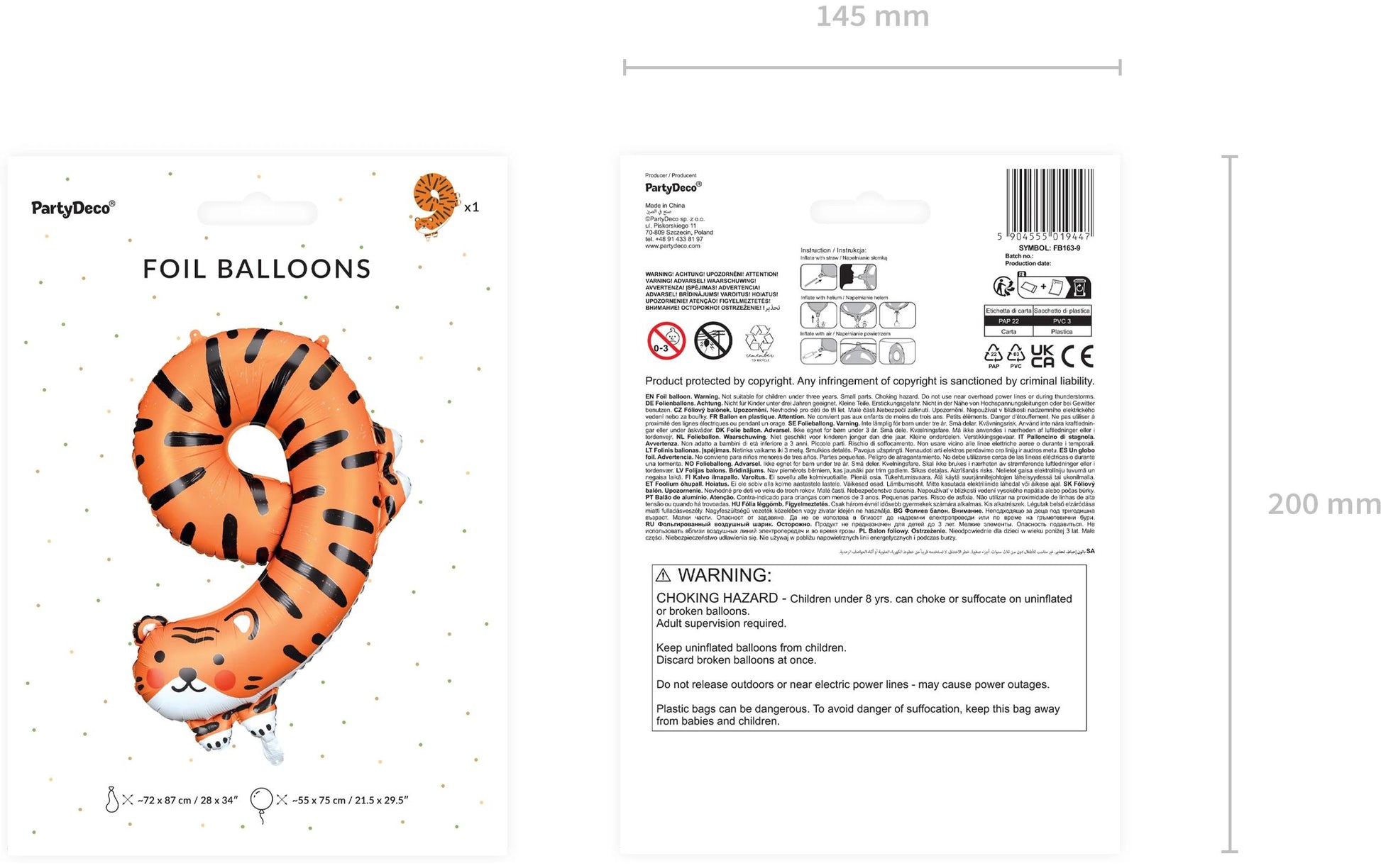 PartyDeco Folienballon Zahl 9 Tiger – Orange – 64 × 87 cm – Folie – 1 Stück – Auch mit Helium befüllbar