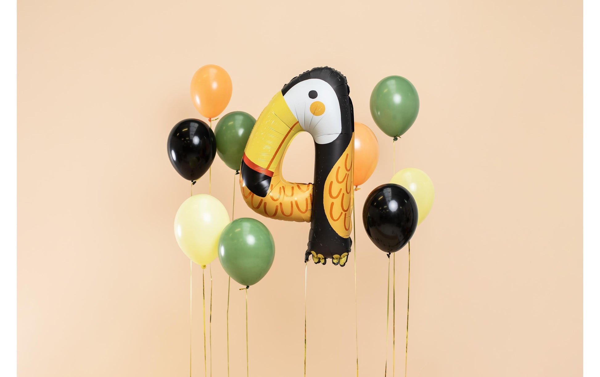 PartyDeco Folienballon Zahl 4 Tukan – Schwarz – 68 × 91 cm – Folie – 1 Stk – mit Helium befüllbar