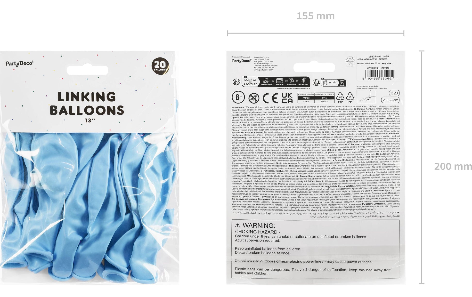 PartyDeco Luftballons – Hellblau – Ø 33 cm – Latex – 20 Stk