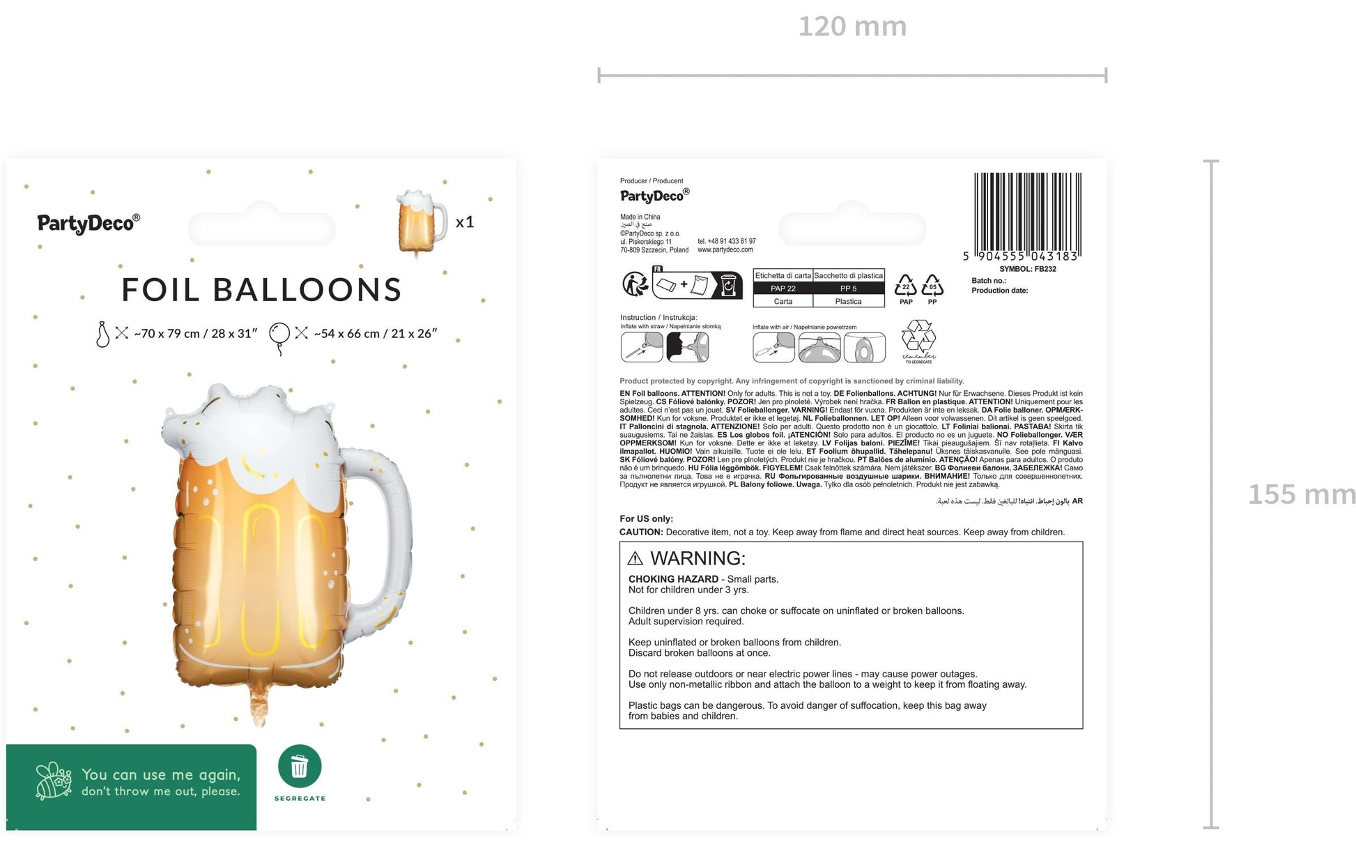 PartyDeco Folienballon Bierkrug – mehrfarbig – 54 × 66 cm – 1 Stk