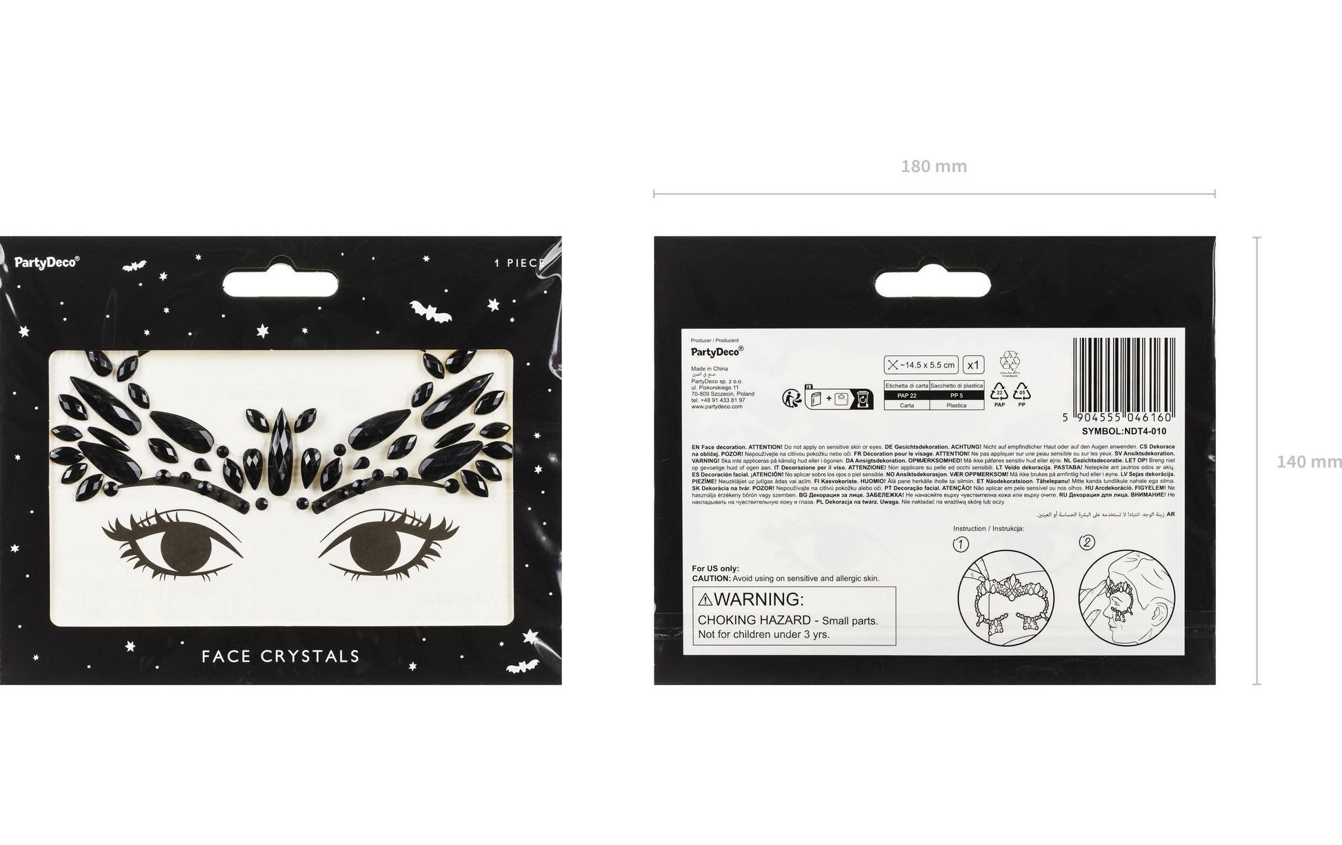PartyDeco Face-Art Sticker Kristalle – Schwarz – 14,5 × 5,5 cm – Acryl – 1 Paar