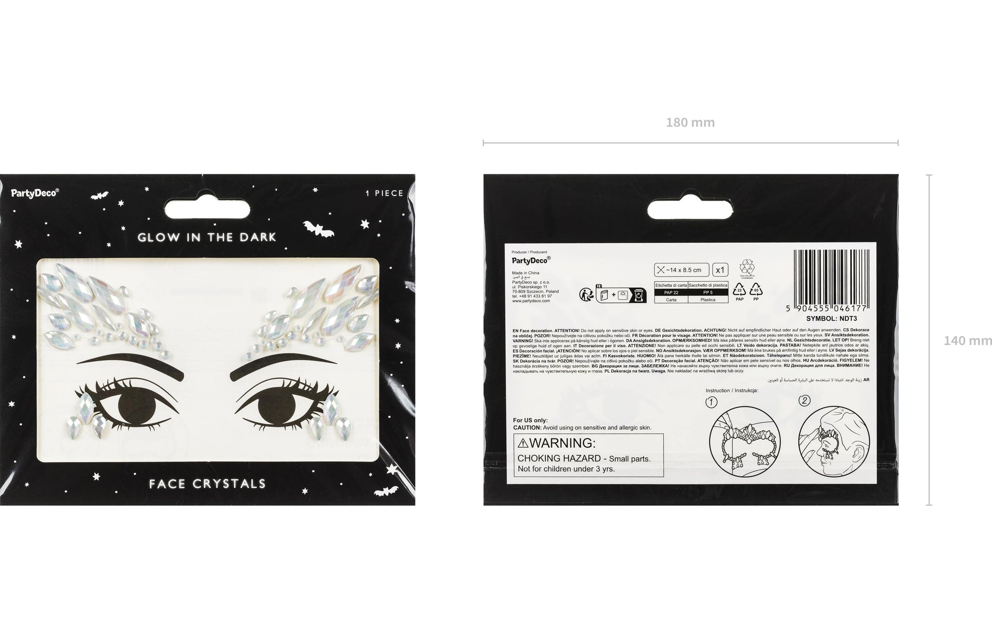 PartyDeco Face Art Sticker Kristalle – selbstklebend, leuchten im Dunkeln – 14 × 8,5 cm – 1 Paar, silber – Acr