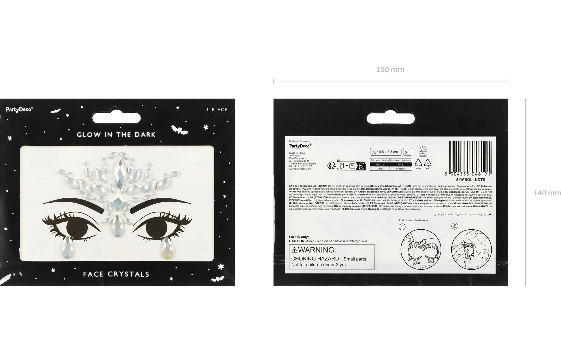 PartyDeco Face-Art Sticker Kristalle – Silber – 9,5 × 8,5 cm – Acryl – 1 Paar – Leuchten im Dunkeln