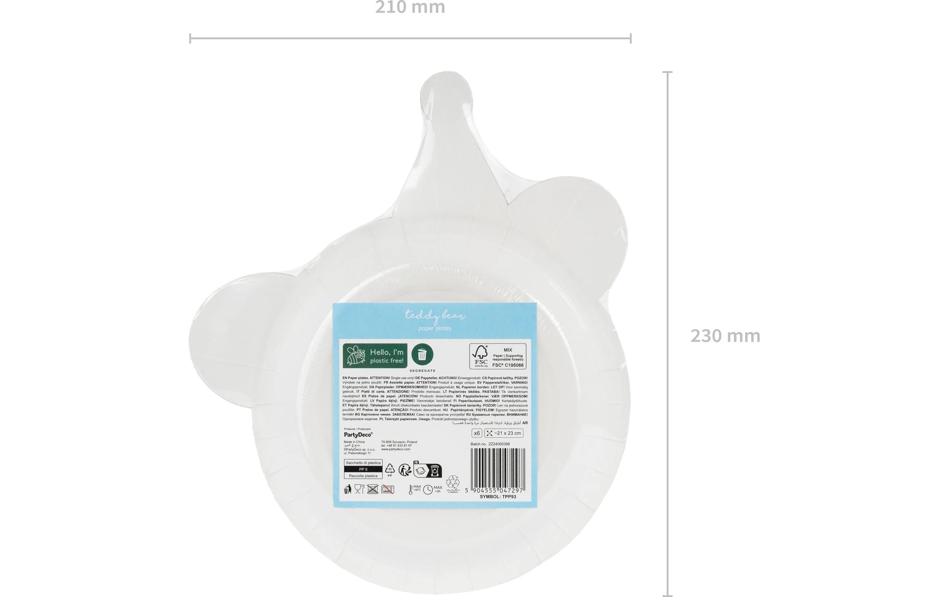 PartyDeco Teller Teddybär-Kopf, Papier/Karton – 21 × 23 cm – 6 Stk.