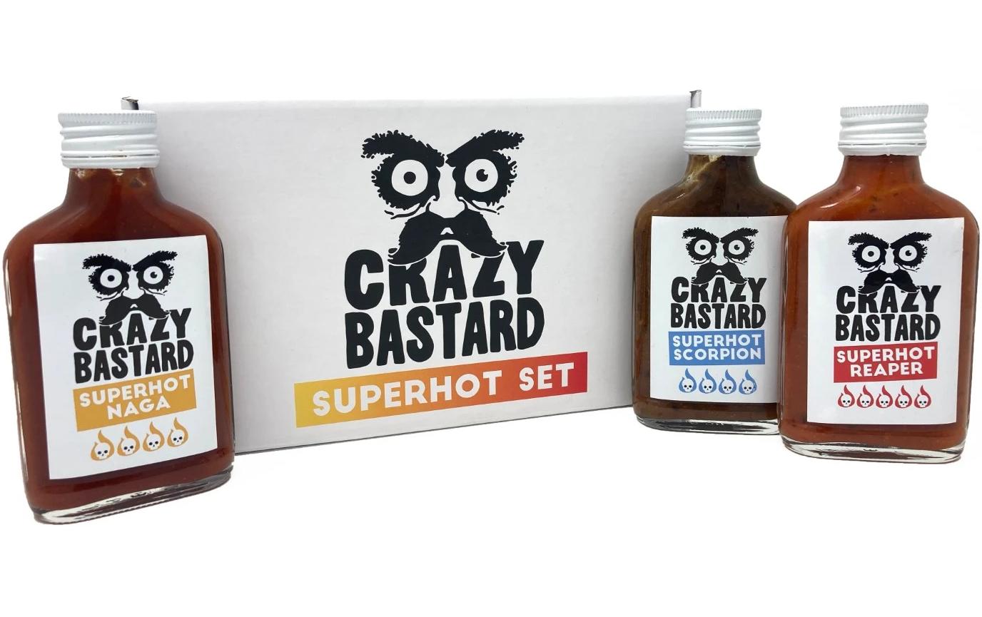 Crazy Bastard Sauce Chilisauce Superhot Naga, Scorpion, Reaper – 3×100 ml