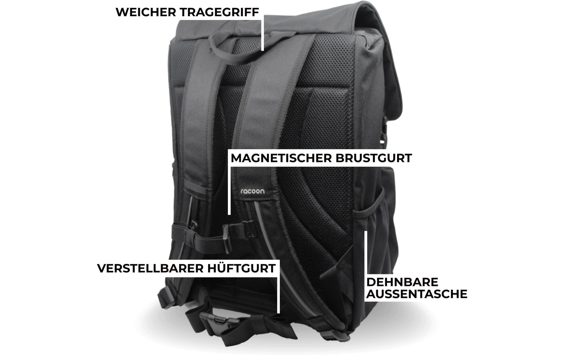 Racoon – Schulrucksack – Schwarz – Recyceltes PET – 33 × 44 × 20 cm