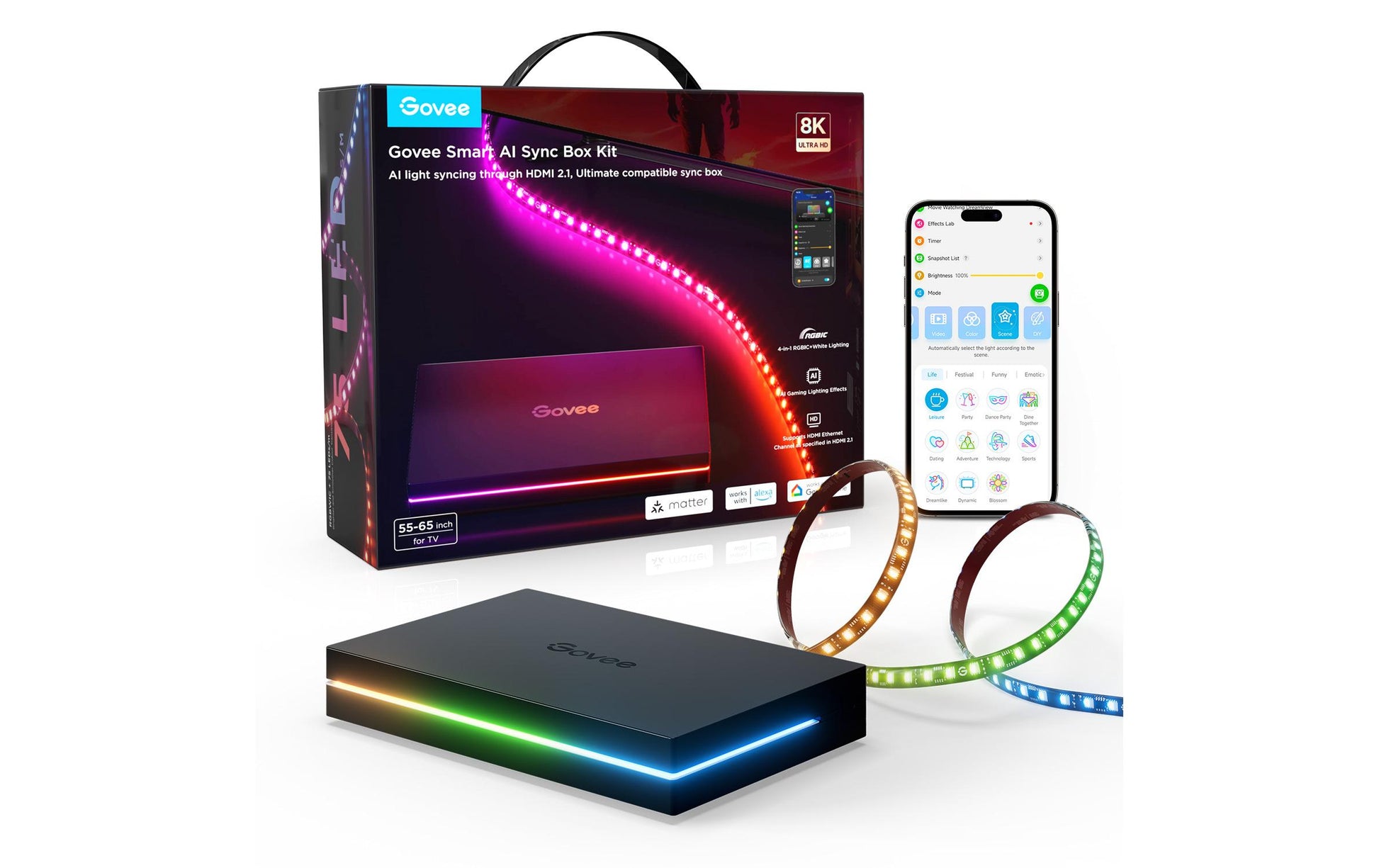 Govee LED-Stripe RGBIC HDMI AI Sync Box Kit – Matter, Amazon Alexa – für 55–65" – 60 W – schwarz