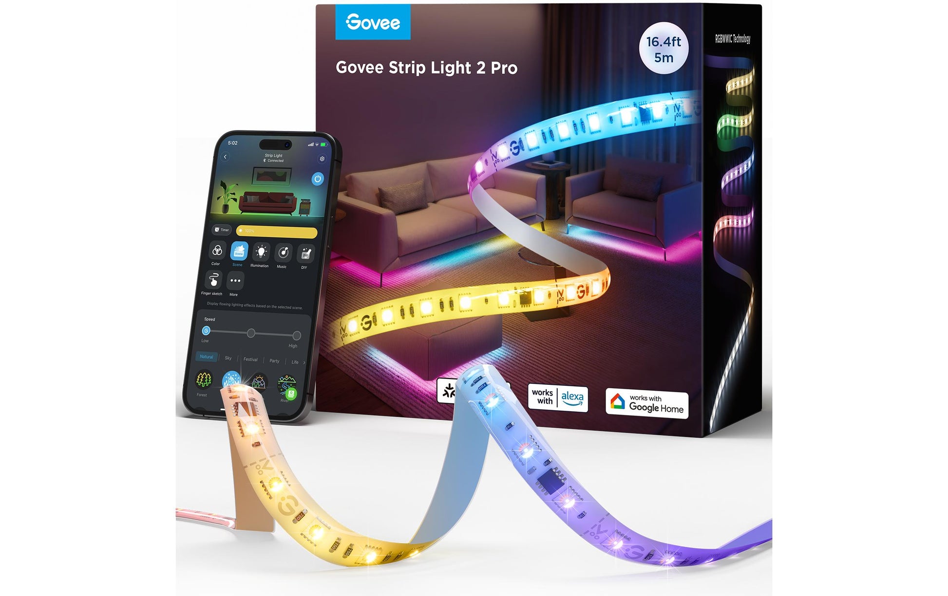 Govee LED-Strip 2 Pro – 5 m, 340 lm, 72 W, RGBW, 2700–6500 K, dimmbar, WiFi/BT, für Alexa, mehrfarbig