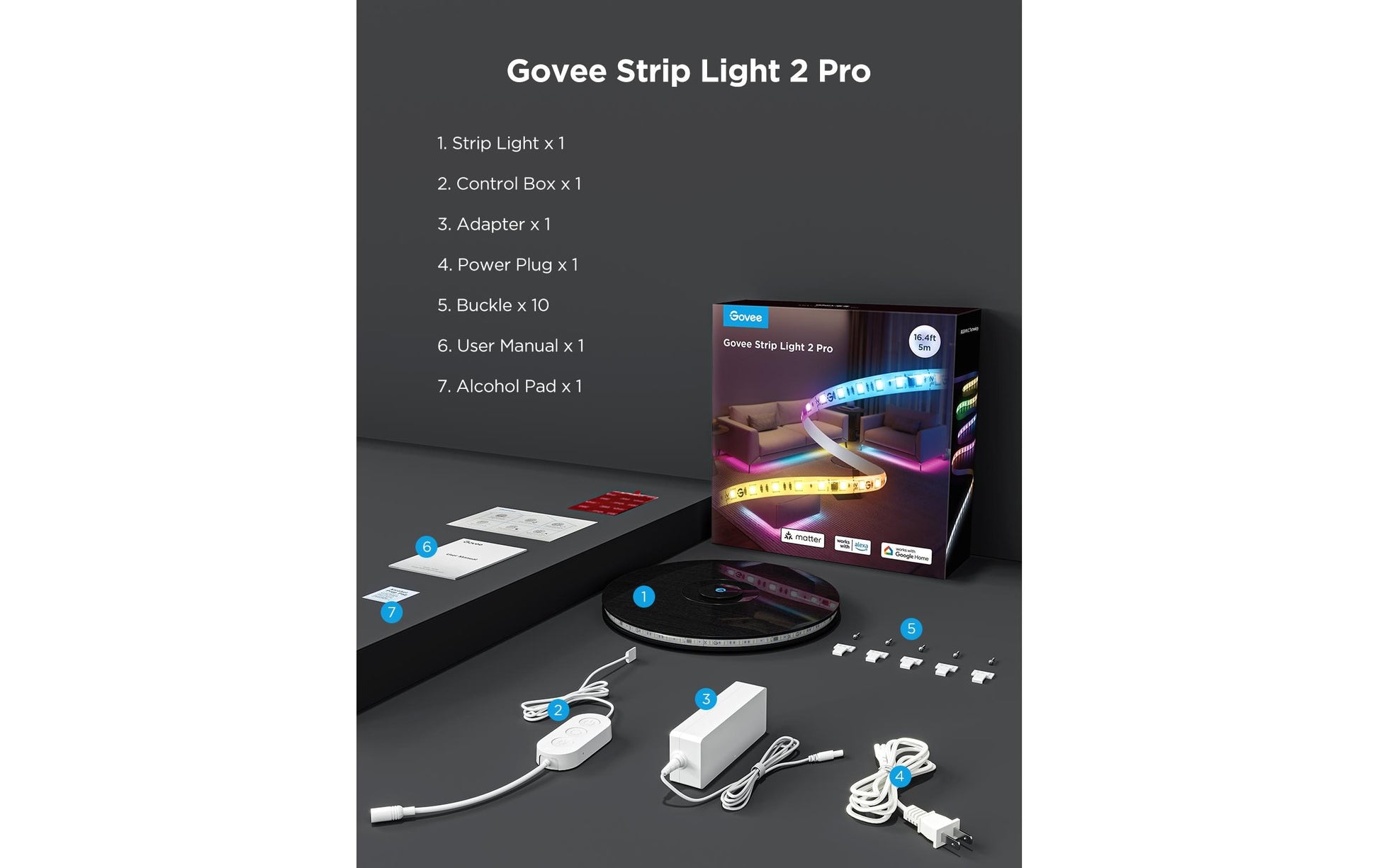 Govee LED-Strip 1 m – RGBICW, 2700–6500 K, 340 lm, 72 W, Matter – für Amazon Alexa