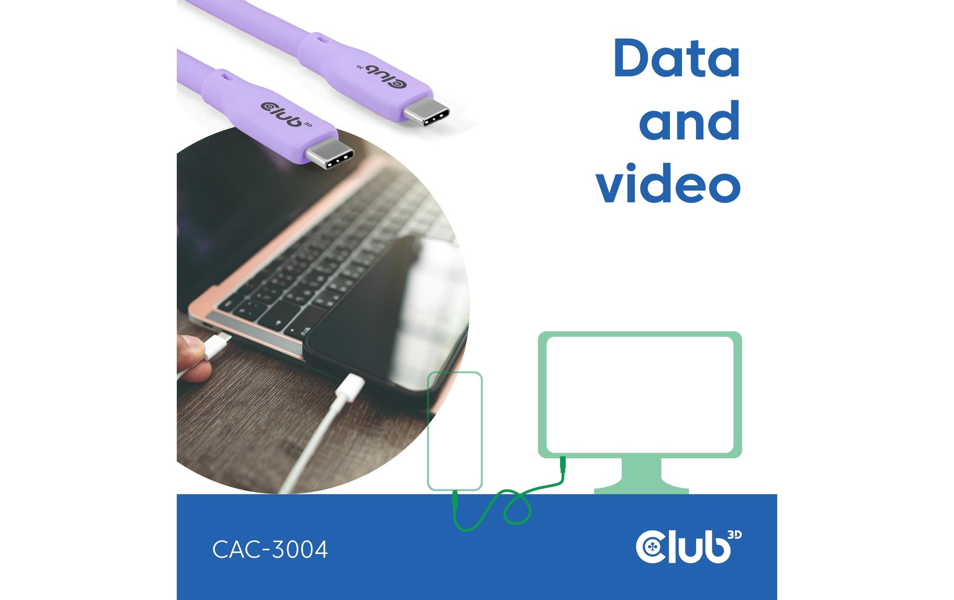 CLUB3D Club 3D – USB-C auf USB-C Kabel – USB4 20 Gbit/s – 2 m – PD 240 W – Silikon – Violett