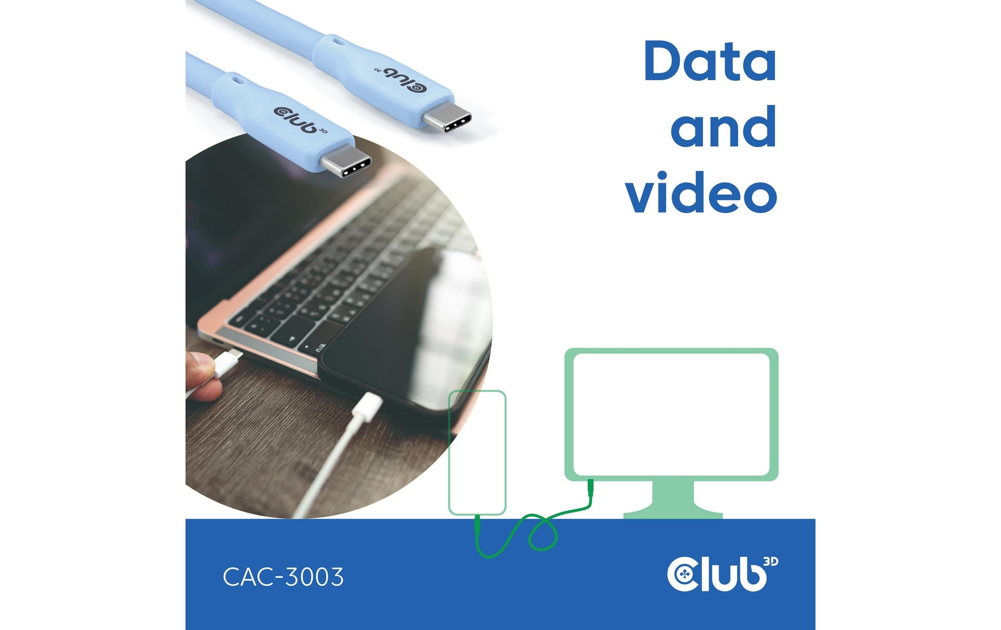 CLUB3D Club 3D – USB-C auf USB-C Kabel – USB4 40 Gbit/s – 2 m – PD 240 W – 4K/60 – Silikon – Blau