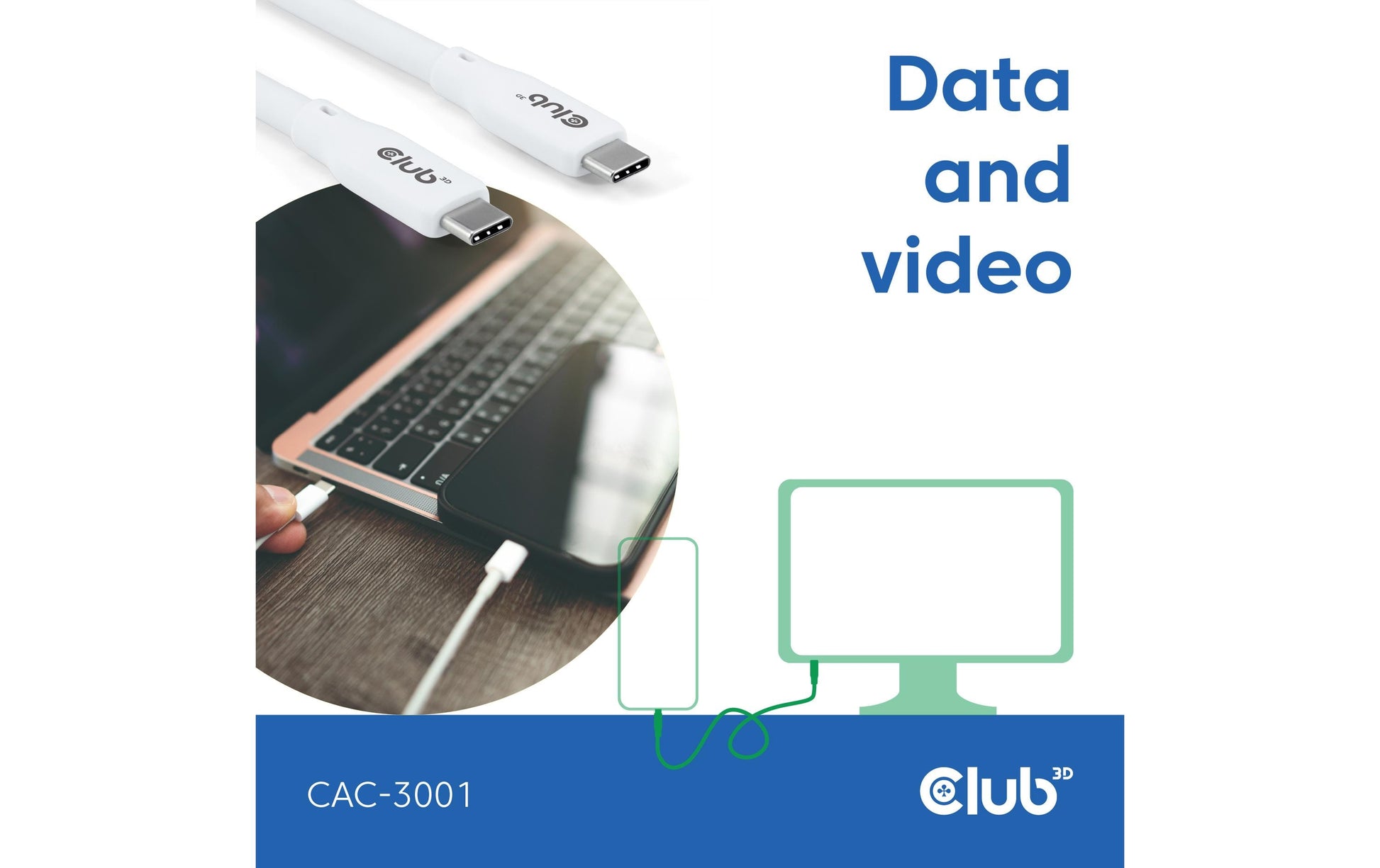 CLUB3D Club 3D – USB-C auf USB-C Kabel – USB4 40 Gbit/s – 2 m – PD 240 W – Silikon – Weiss