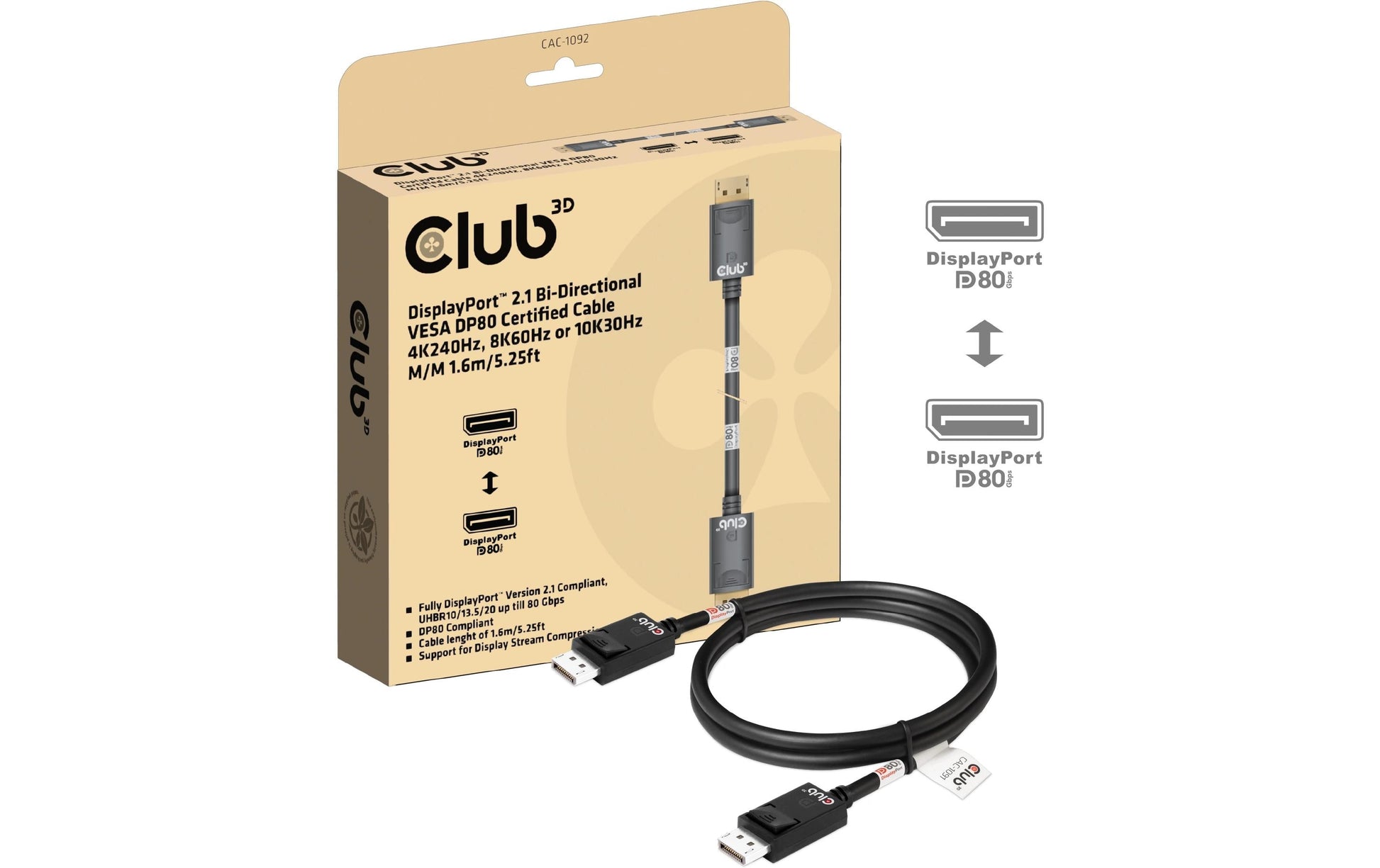CLUB3D DisplayPort Kabel DP 2.1 10K 60 Hz – 1,6 m