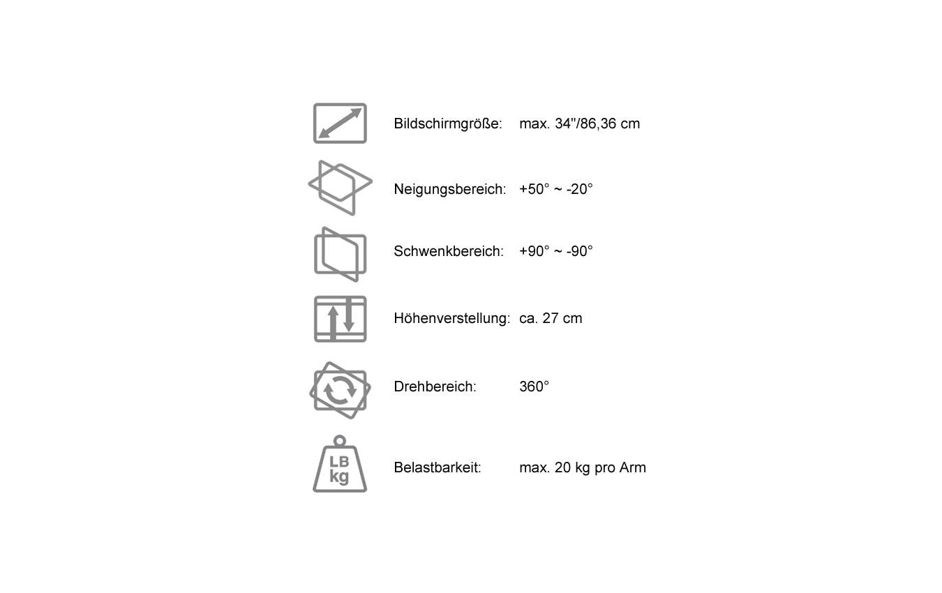 LC-Power LC-EQ-A34B-D – Tischhalterung, Dual, Tischklemme – bis 34", VESA 75 × 75/100 × 100 mm, 20 kg