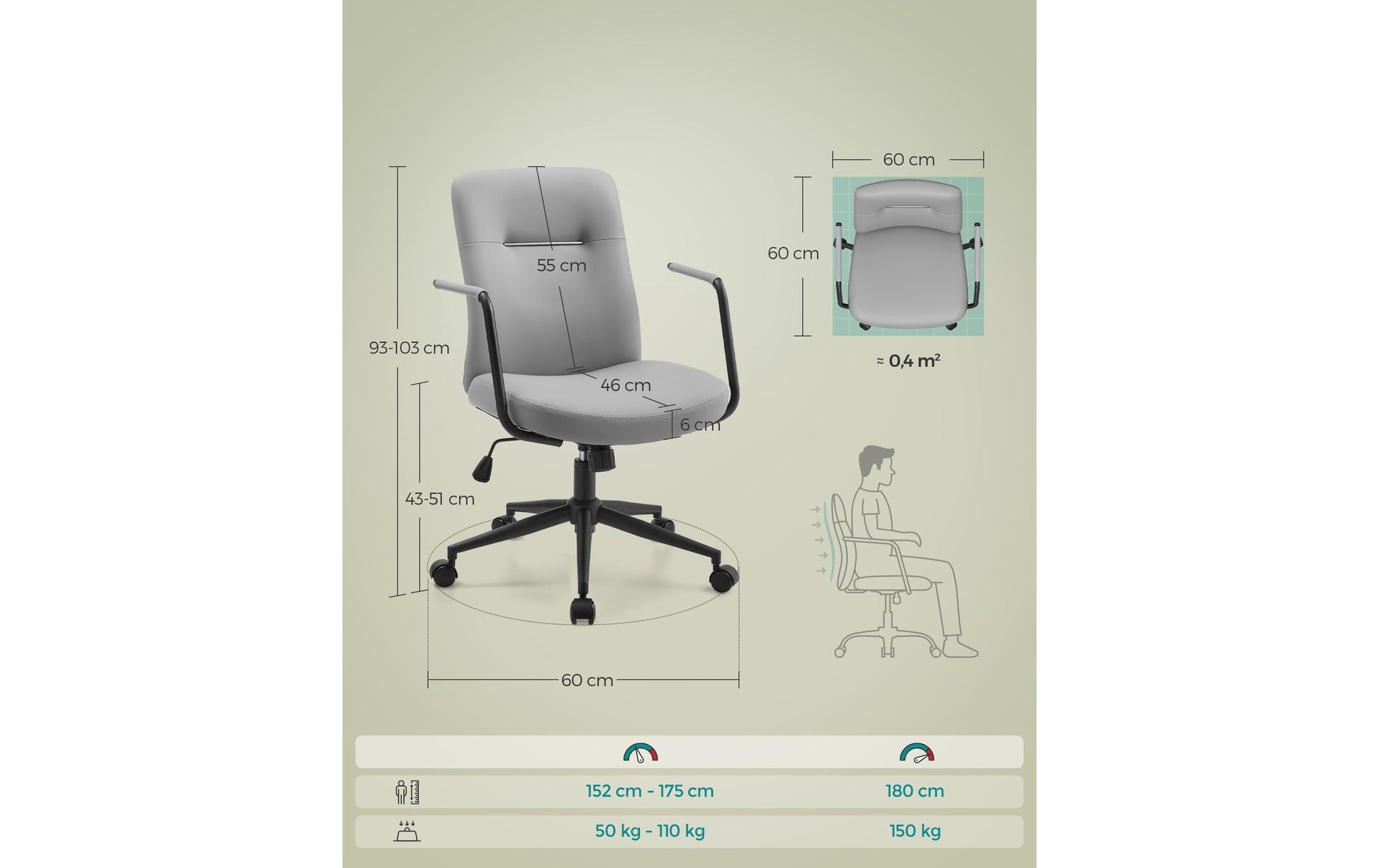 Songmics Bürostuhl – 150 kg, PU-Leder Bezug, Grau