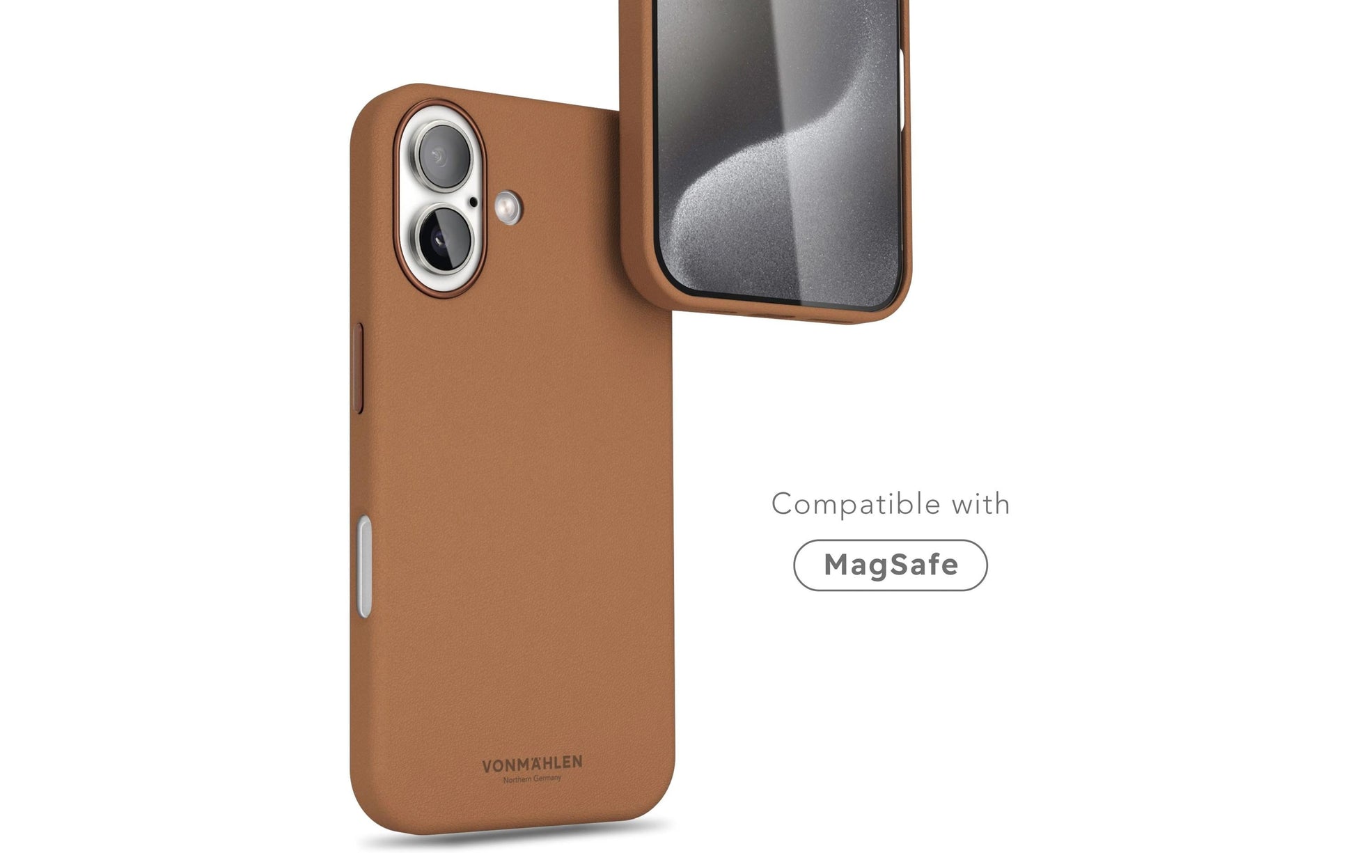 Vonmählen Like Leather Backcover – für Apple iPhone 16, MagSafe, Veganes Leder + Mikrofaser, Braun