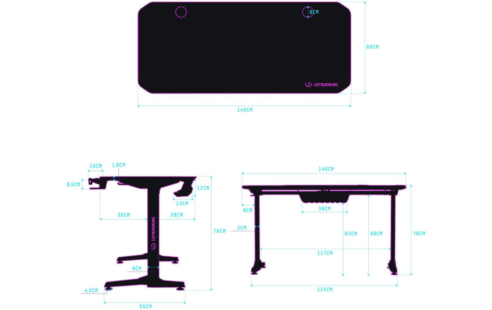 Ultradesk Frag Gaming-Tisch – 140 × 60 cm, schwarz, Metall