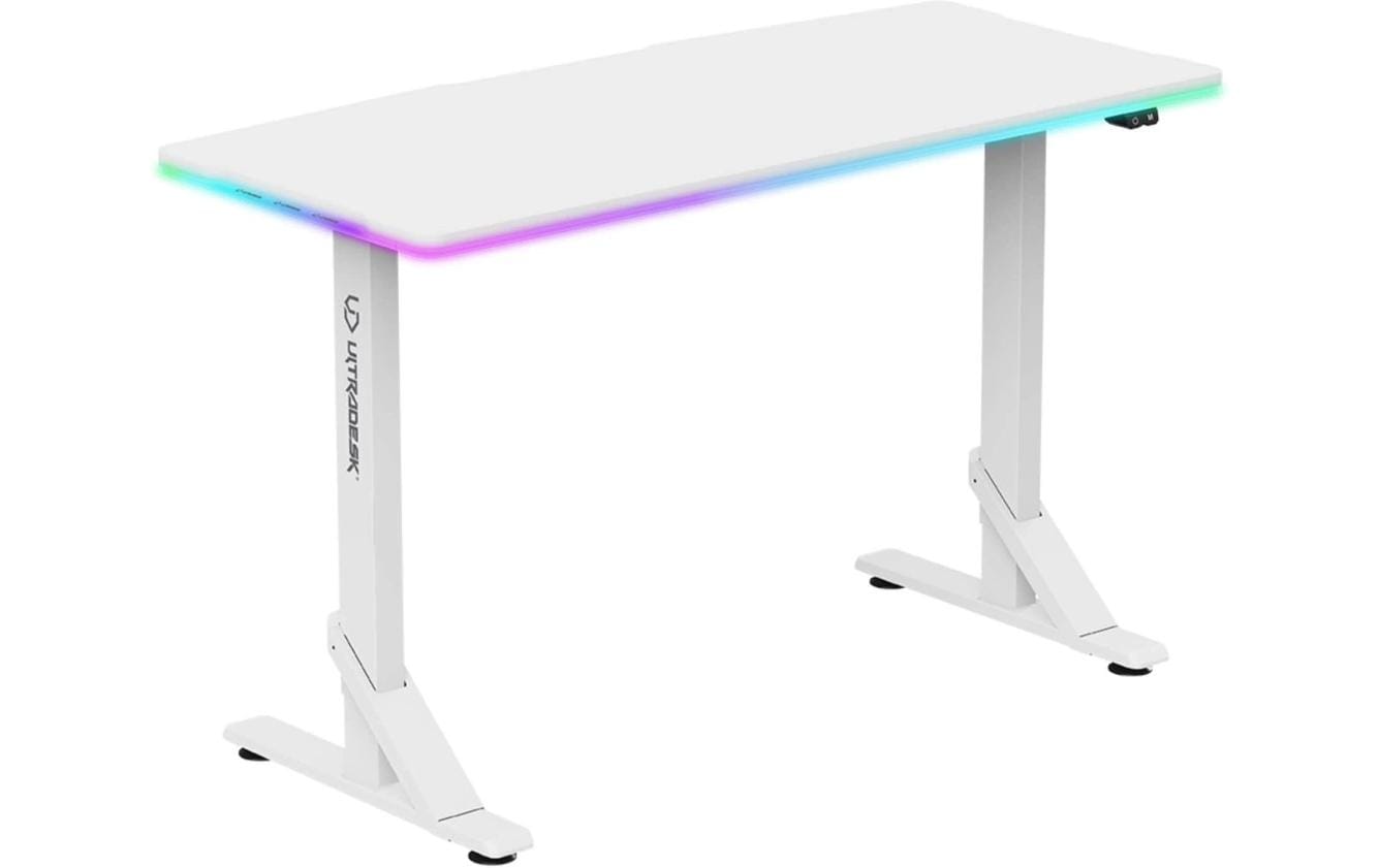 Ultradesk Iron Gaming-Tisch – 132,5 × 60,5 cm, höhenverstellbar, RGB-Beleuchtung, weiss, Stahl