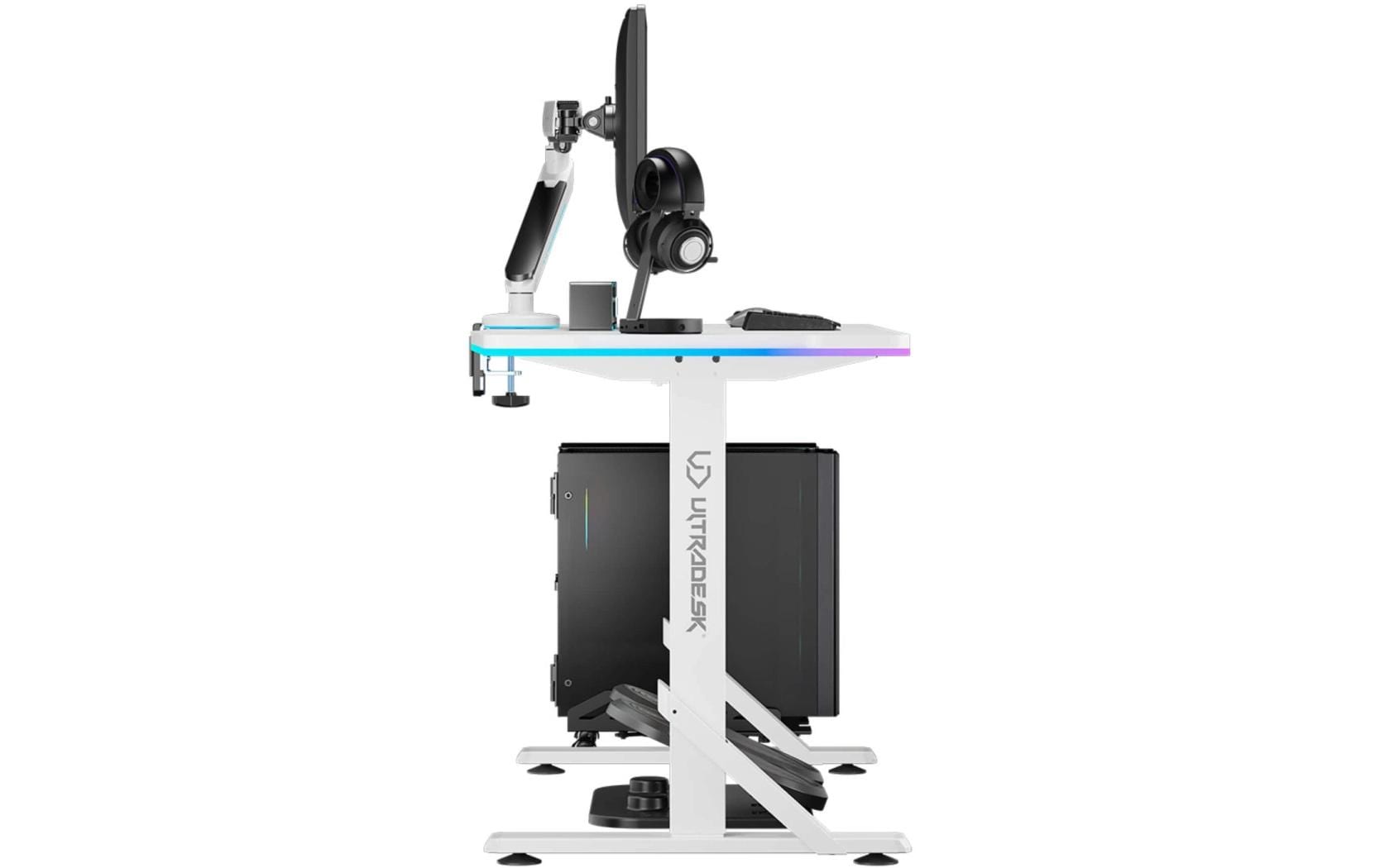 Ultradesk Iron Gaming-Tisch – 132,5 × 60,5 cm, höhenverstellbar, RGB-Beleuchtung, weiss, Stahl