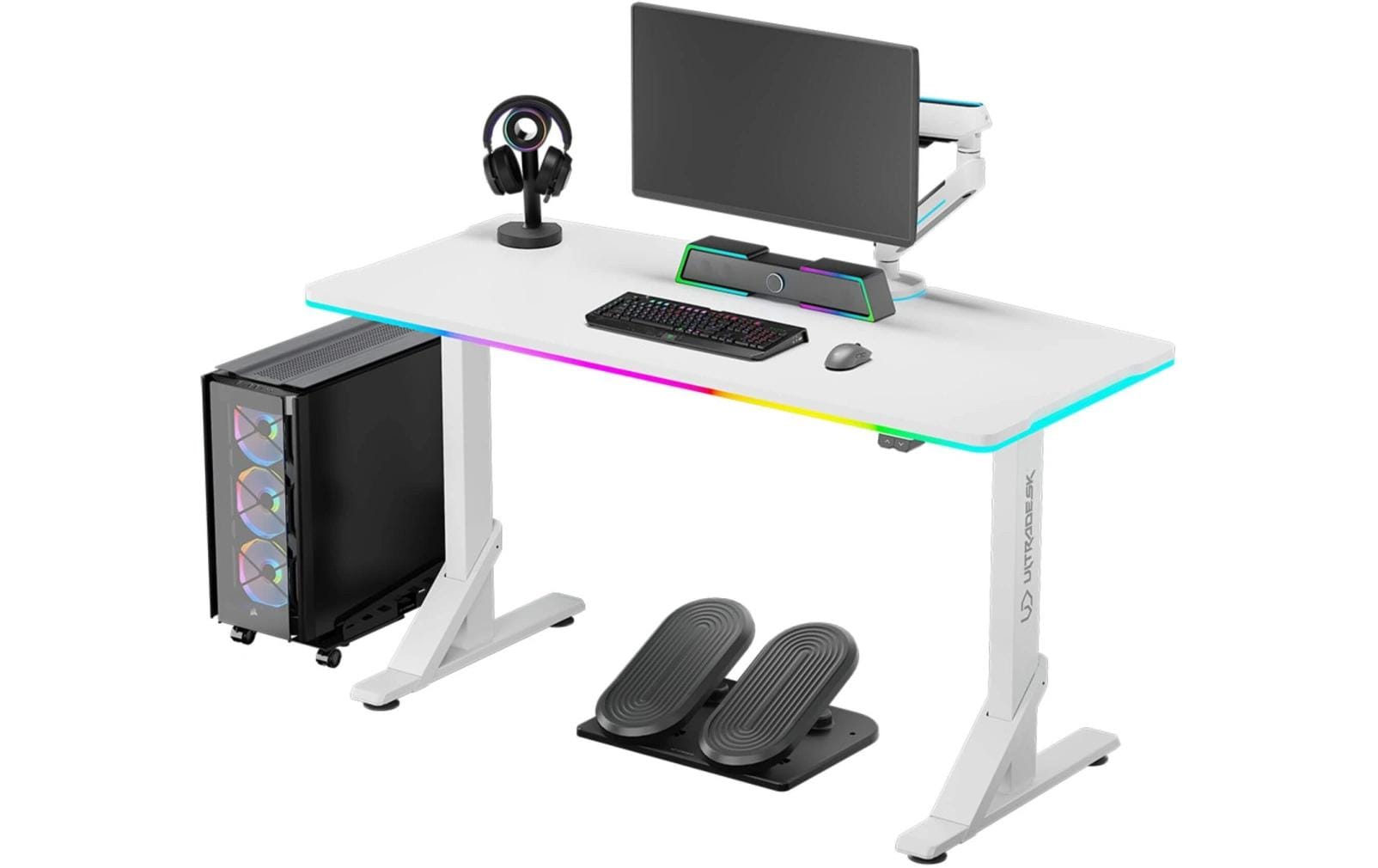 Ultradesk Iron Gaming-Tisch – 132,5 × 60,5 cm, höhenverstellbar, RGB-Beleuchtung, weiss, Stahl