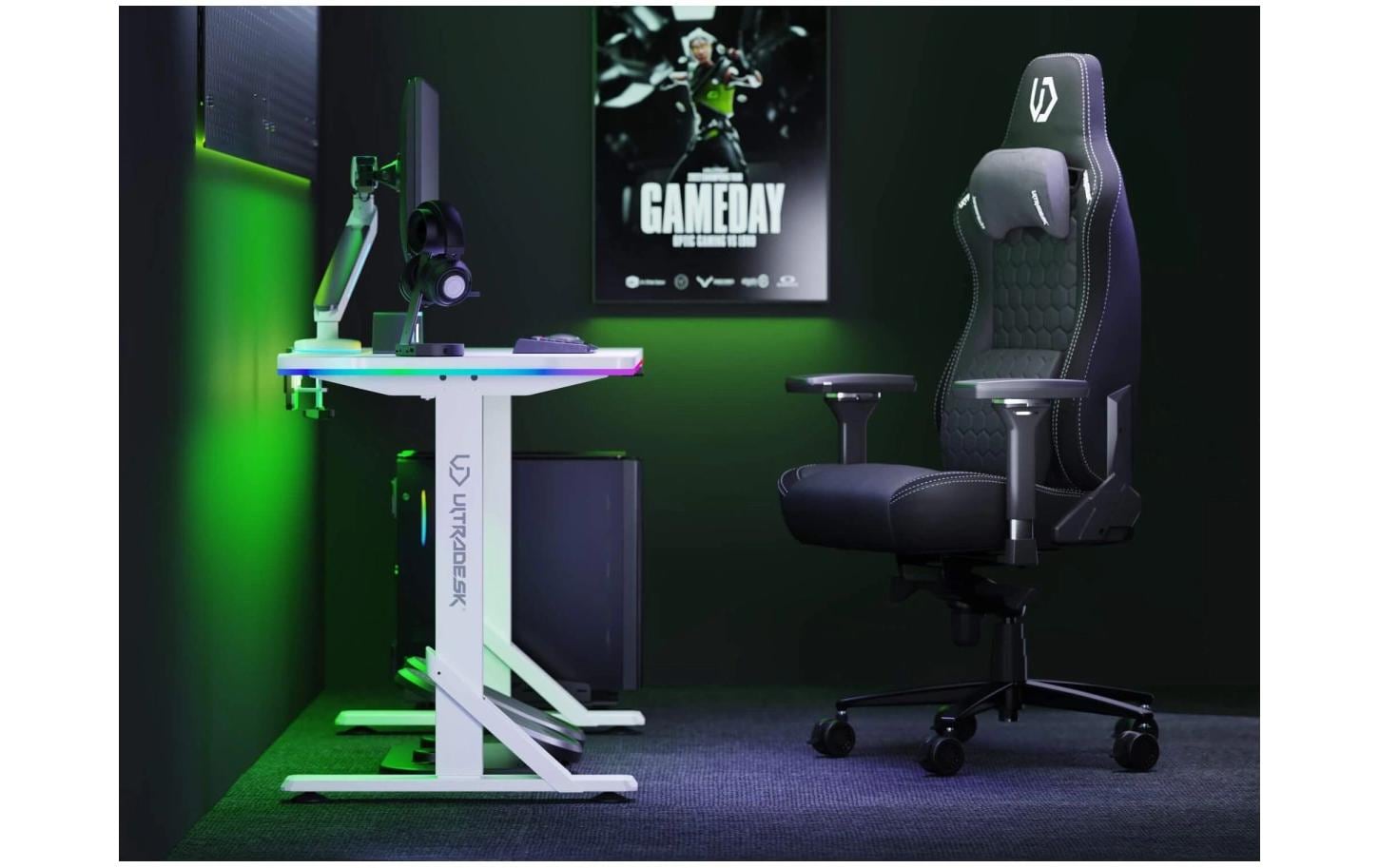 Ultradesk Iron Gaming-Tisch – 132,5 × 60,5 cm, höhenverstellbar, RGB-Beleuchtung, weiss, Stahl
