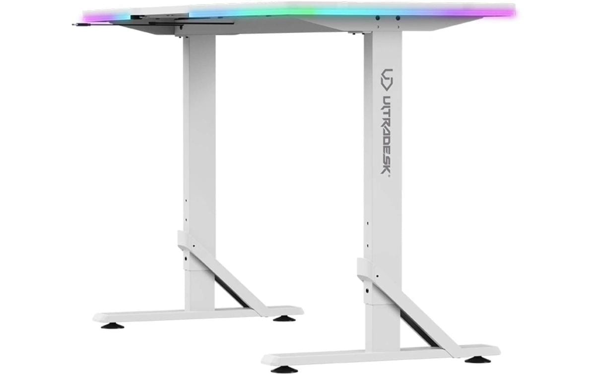 Ultradesk Iron Gaming-Tisch – 132,5 × 60,5 cm, höhenverstellbar, RGB-Beleuchtung, weiss, Stahl
