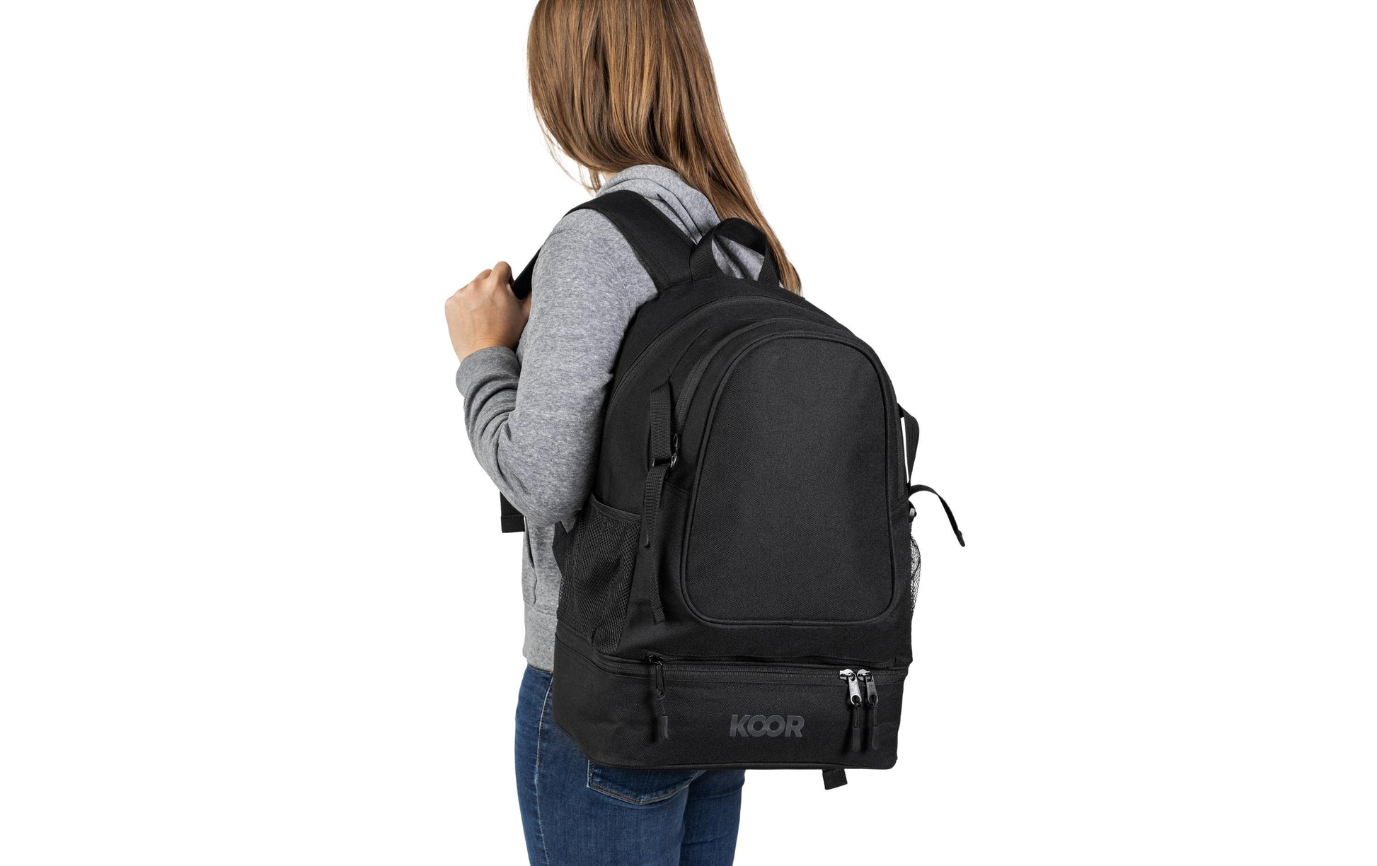 KOOR Sportrucksack F02643 – 30 l, mit Ballnetz, 600D Polyester – Schwarz, 435 × 235 × 310 mm