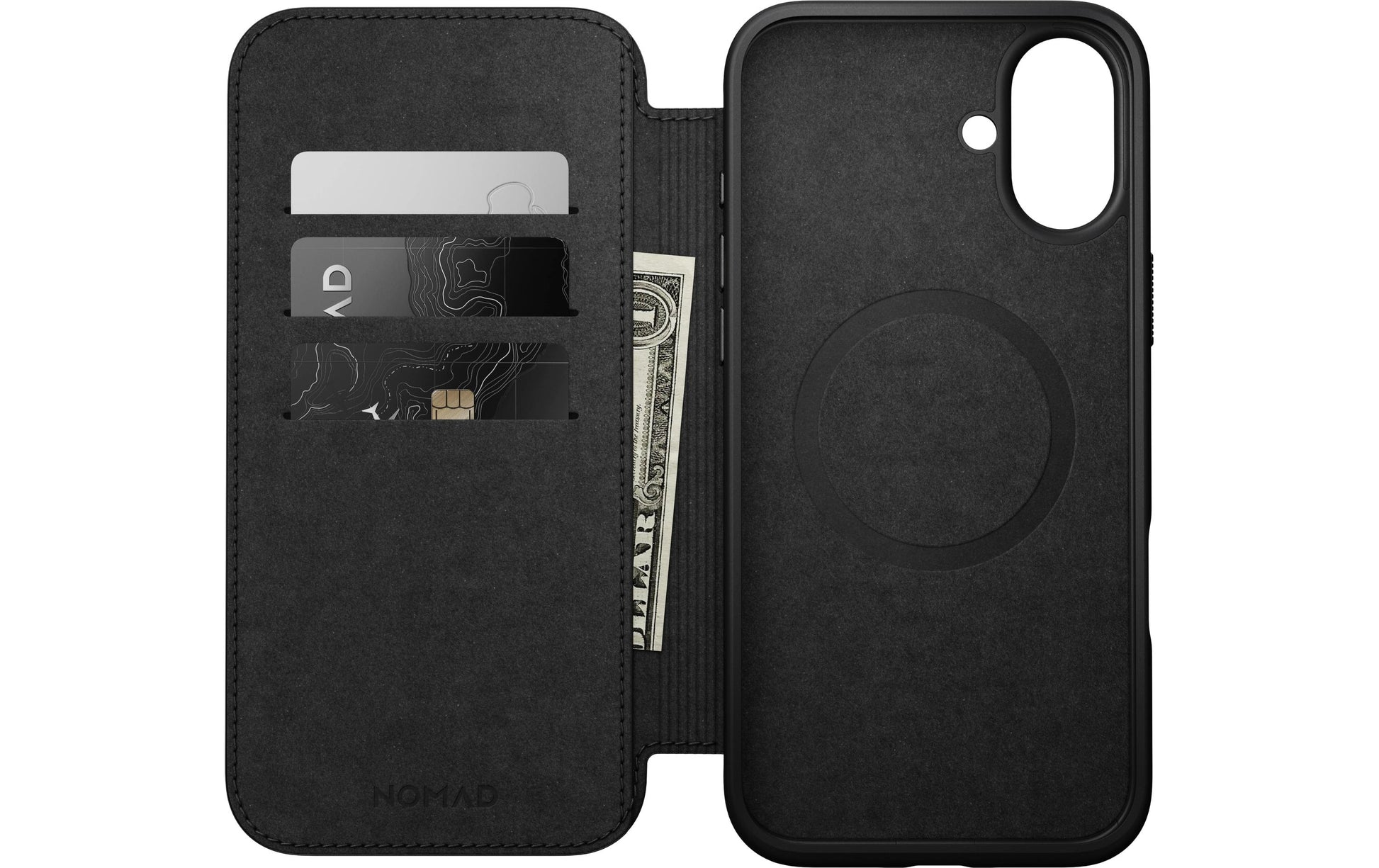 Nomad Booklet-Hülle – für Apple iPhone 16 Plus – schwarz – Leder – mit Kartenfach