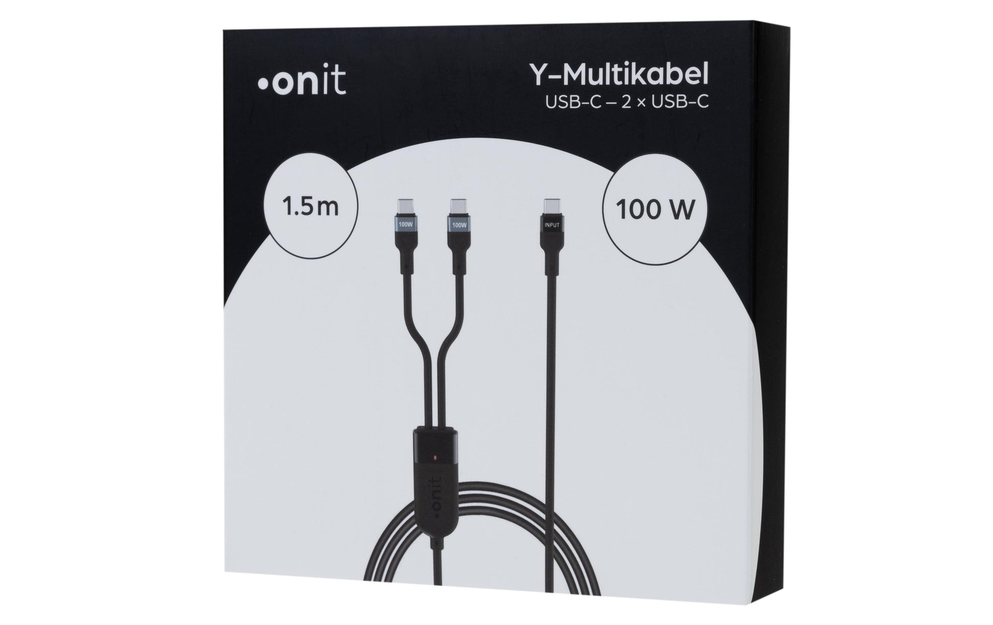 ONIT USB-C auf 2×USB-C Kabel – USB 2.0 (480 Mbit/s) – 1,5 m – PD 100 W – Textilmantel, LED-Anzeige – Schwarz