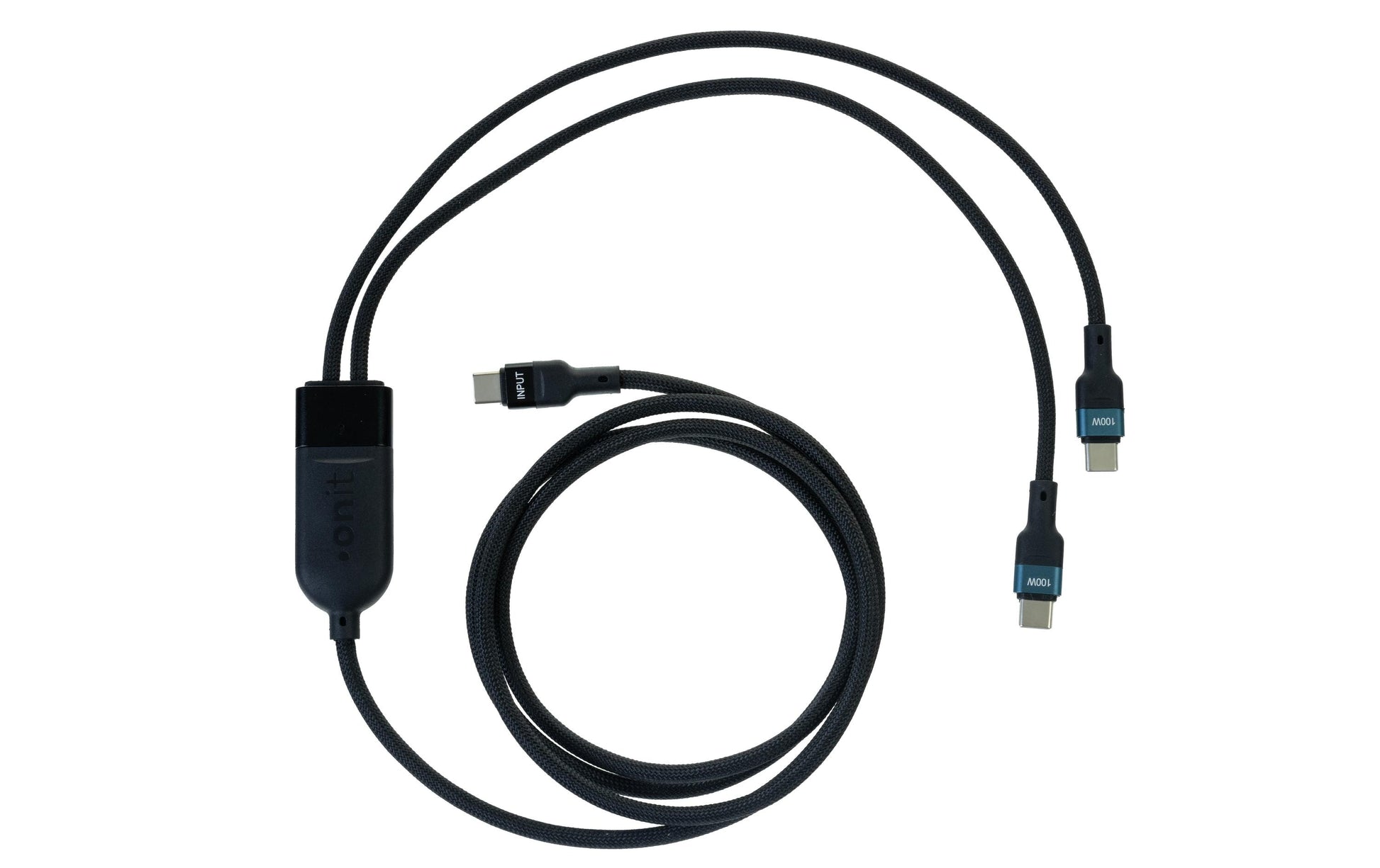 ONIT USB-C auf 2×USB-C Kabel – USB 2.0 (480 Mbit/s) – 1,5 m – PD 100 W – Textilmantel, LED-Anzeige – Schwarz