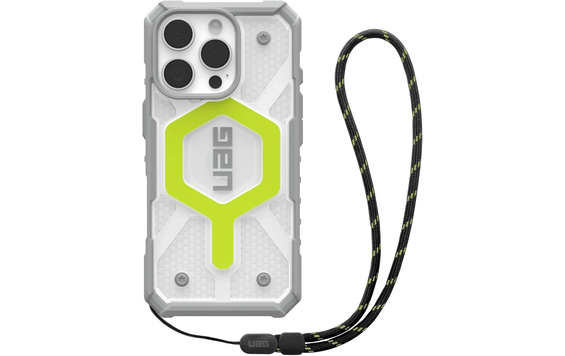 Urban Armor Gear Backcover – für Apple iPhone 16 Pro – transparent/gelb – MagSafe-kompatibel, mit Kordel