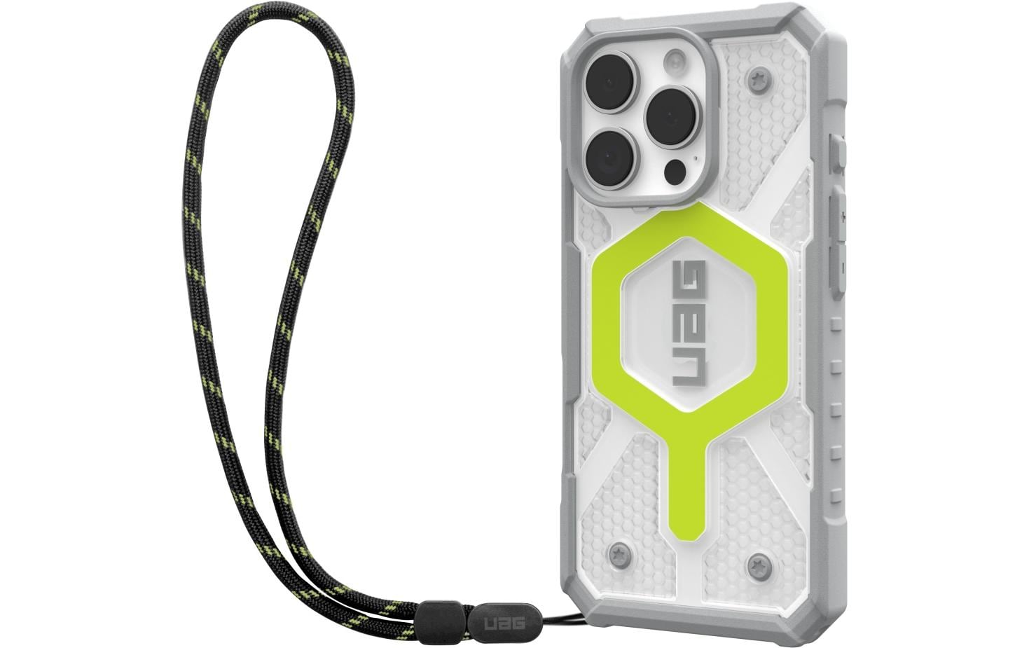 Urban Armor Gear Backcover – für Apple iPhone 16 Pro – transparent/gelb – MagSafe-kompatibel, mit Kordel