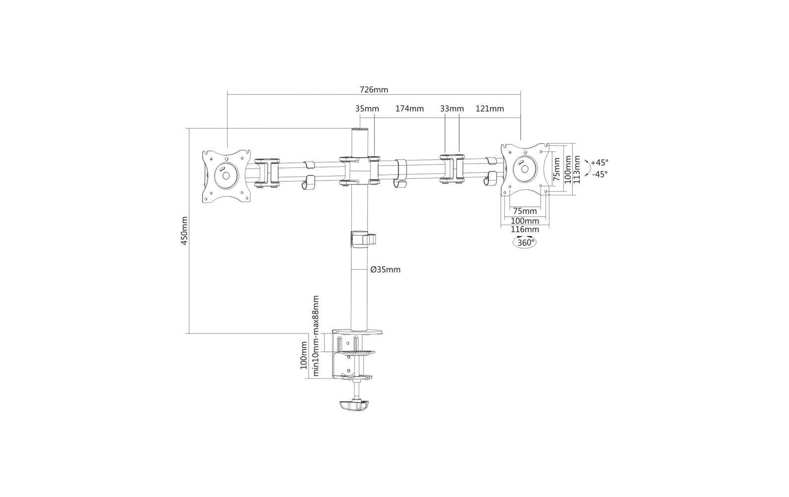 Puremounts PM-OFFICE-02 – Monitorhalterung, Dual, bis 27", VESA 100 × 100 mm, 8 kg, höhenverstellbar, schwarz