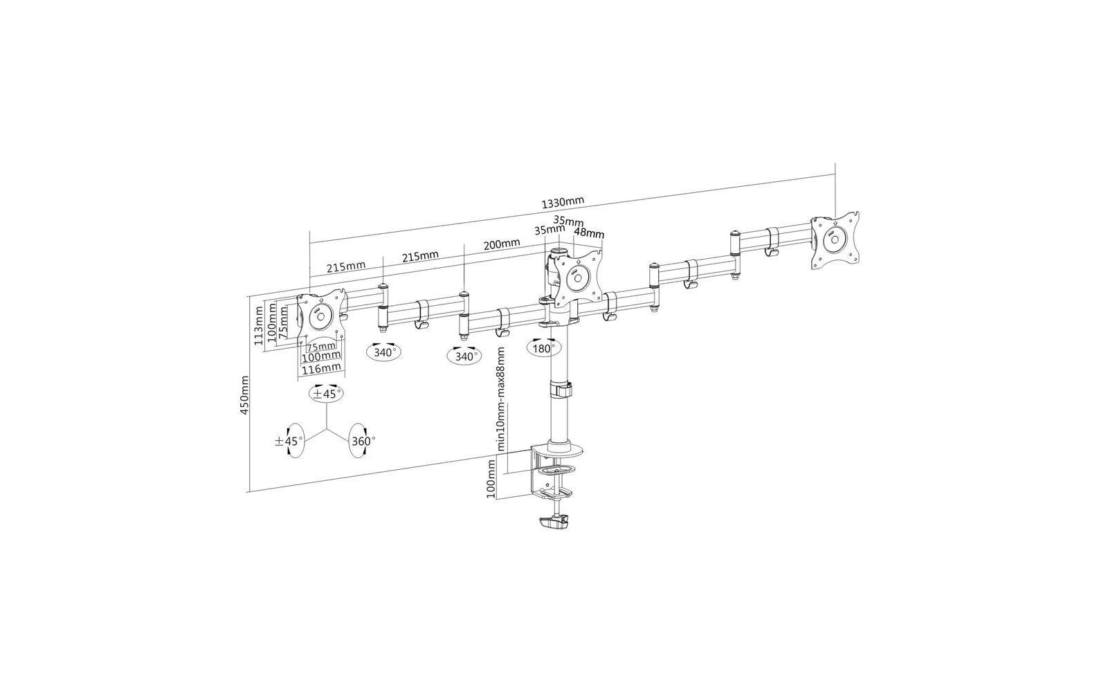 PureMounts PM-OFFICE-03 – Monitorarm Tischhalterung – 3 Monitore – 13–27" – VESA 75×75 mm – bis 8 kg/Monitor