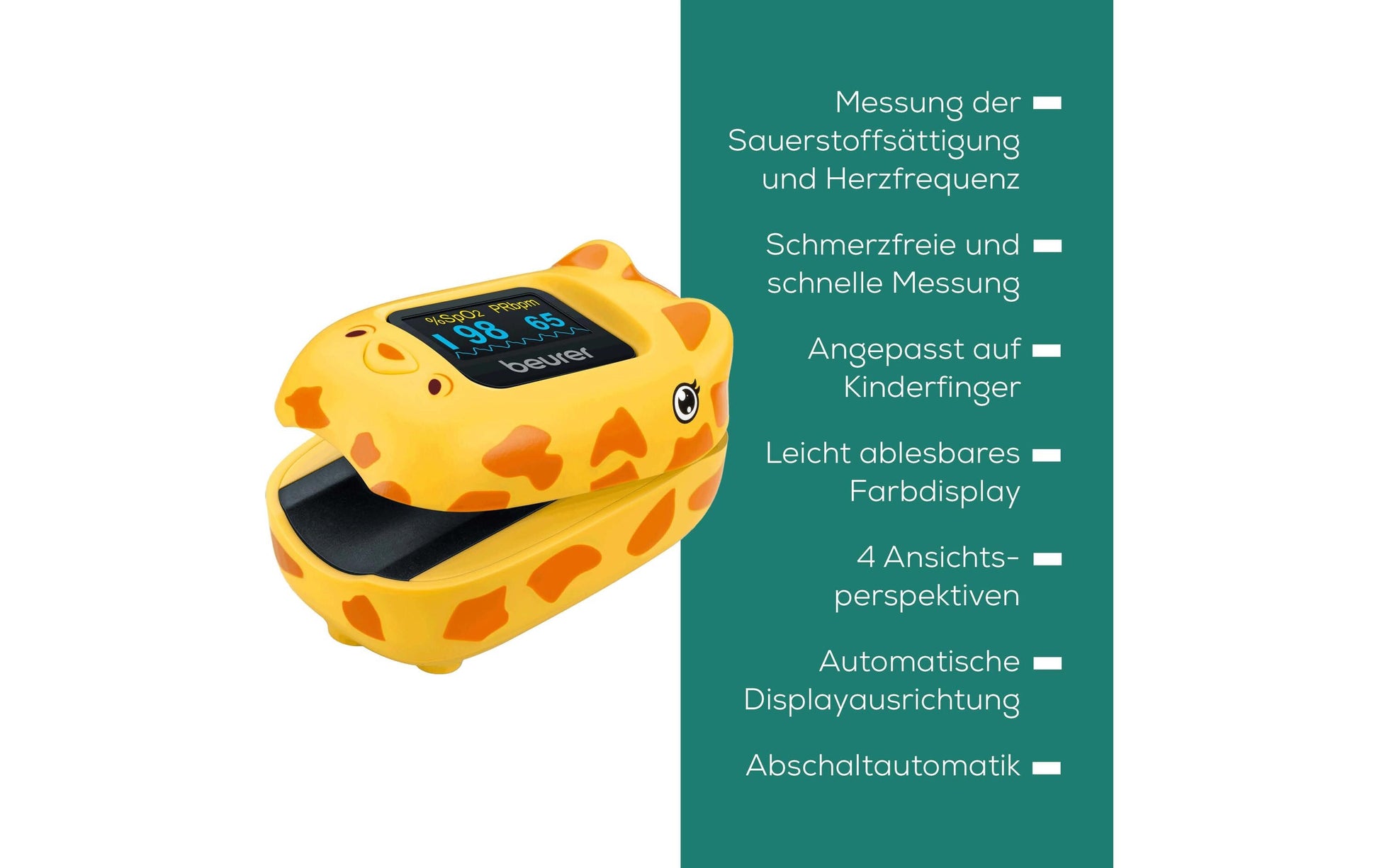 Beurer PO 13 Kids – Pulsoximeter – mit Display, Batteriebetrieb (AAA), für Kinder, Giraffe